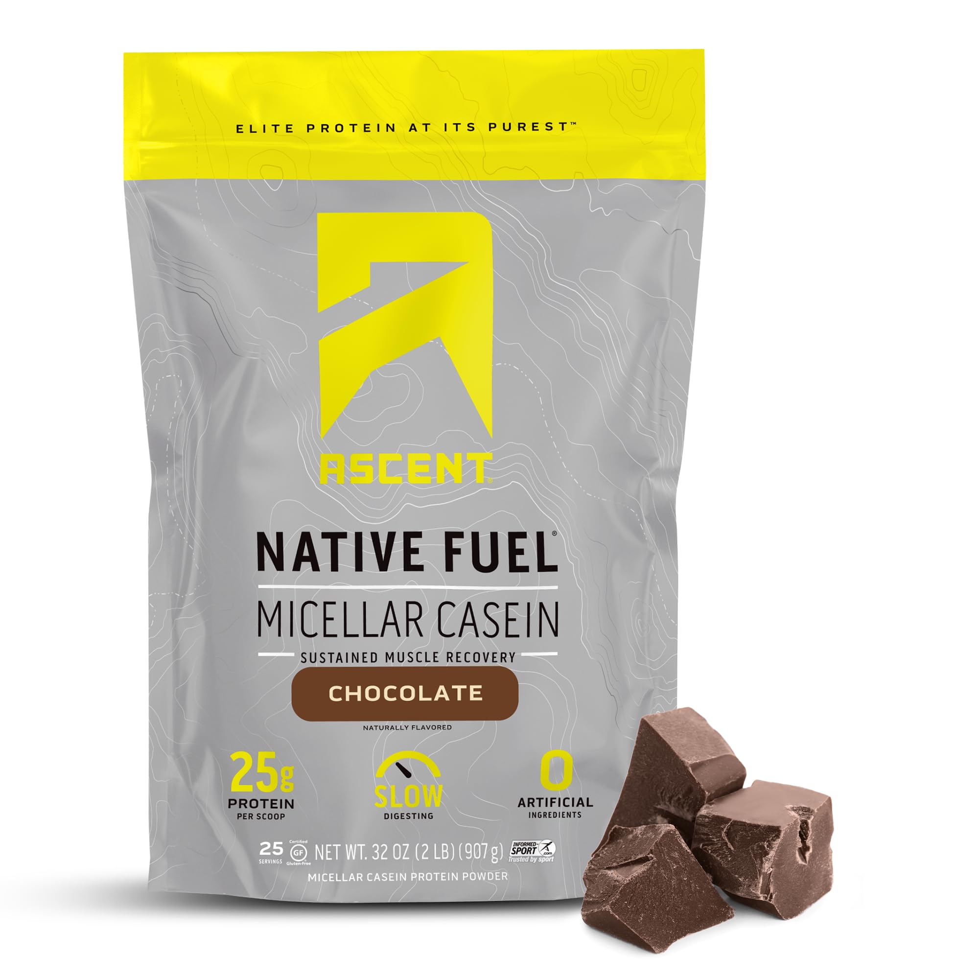Ascent Casein Protein Powder - 25g Micellar Casein Powder with Zero Artificial Flavors & Sweeteners, Gluten-Free, No Added Sugar, 4.9g BCAA, 2.2g Leucine - Chocolate, 2 Pounds