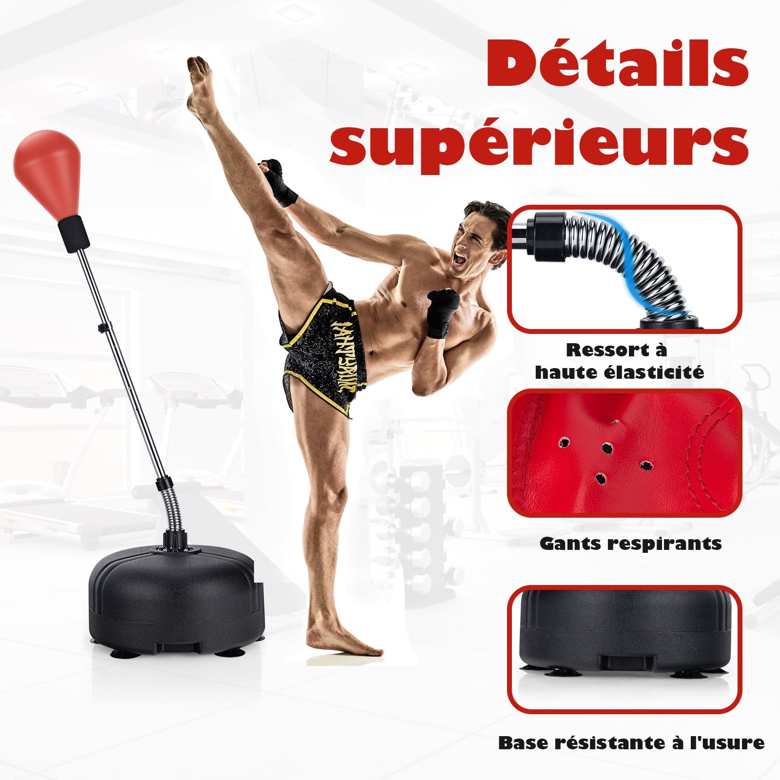 COSTWAY Punching Ball sur Pied Réglable avec Gants Sac de Frappe Boxe Base Lesté avec Ventouses