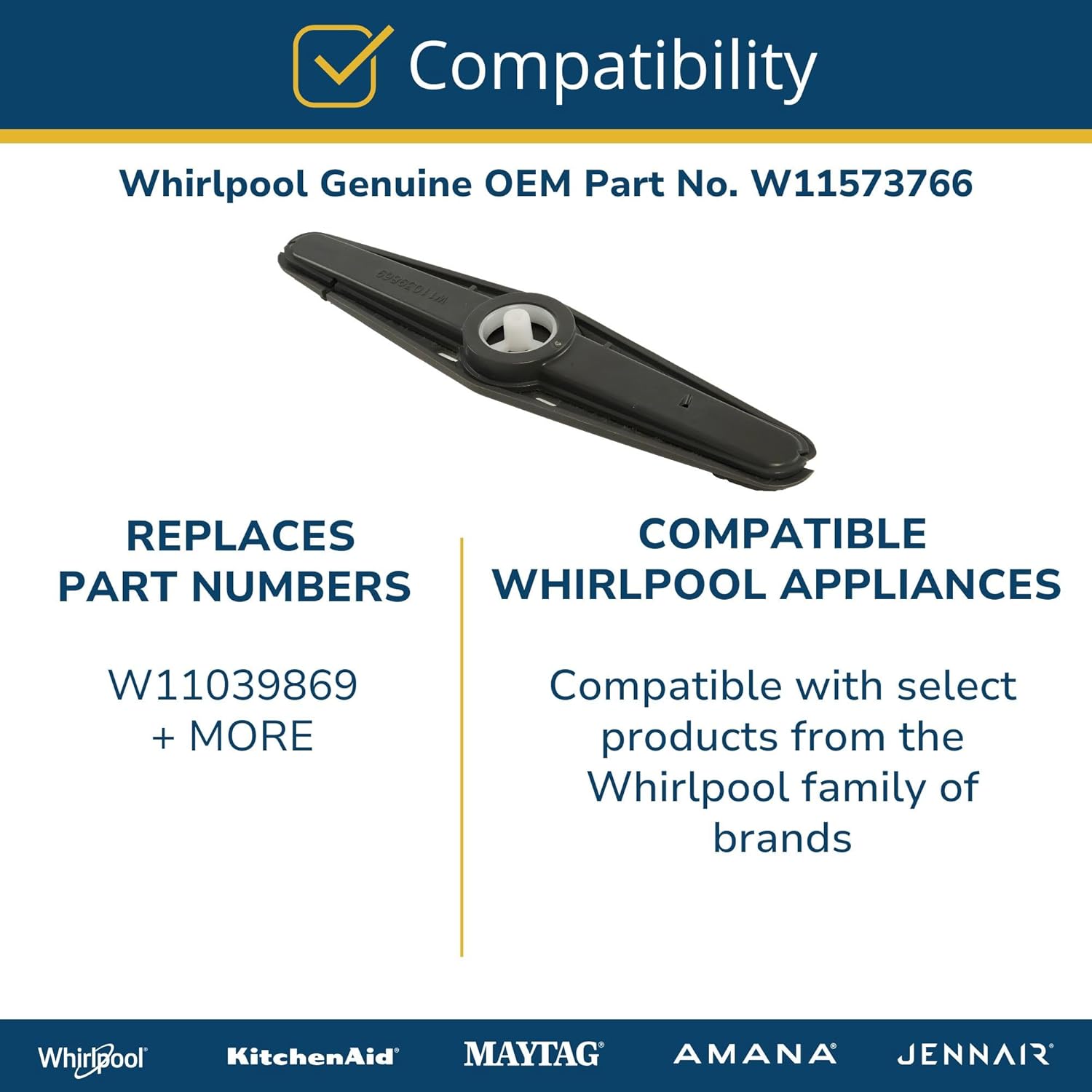 Whirlpool W11573766 OEM Dishwasher Upper Wash Arm Assembly