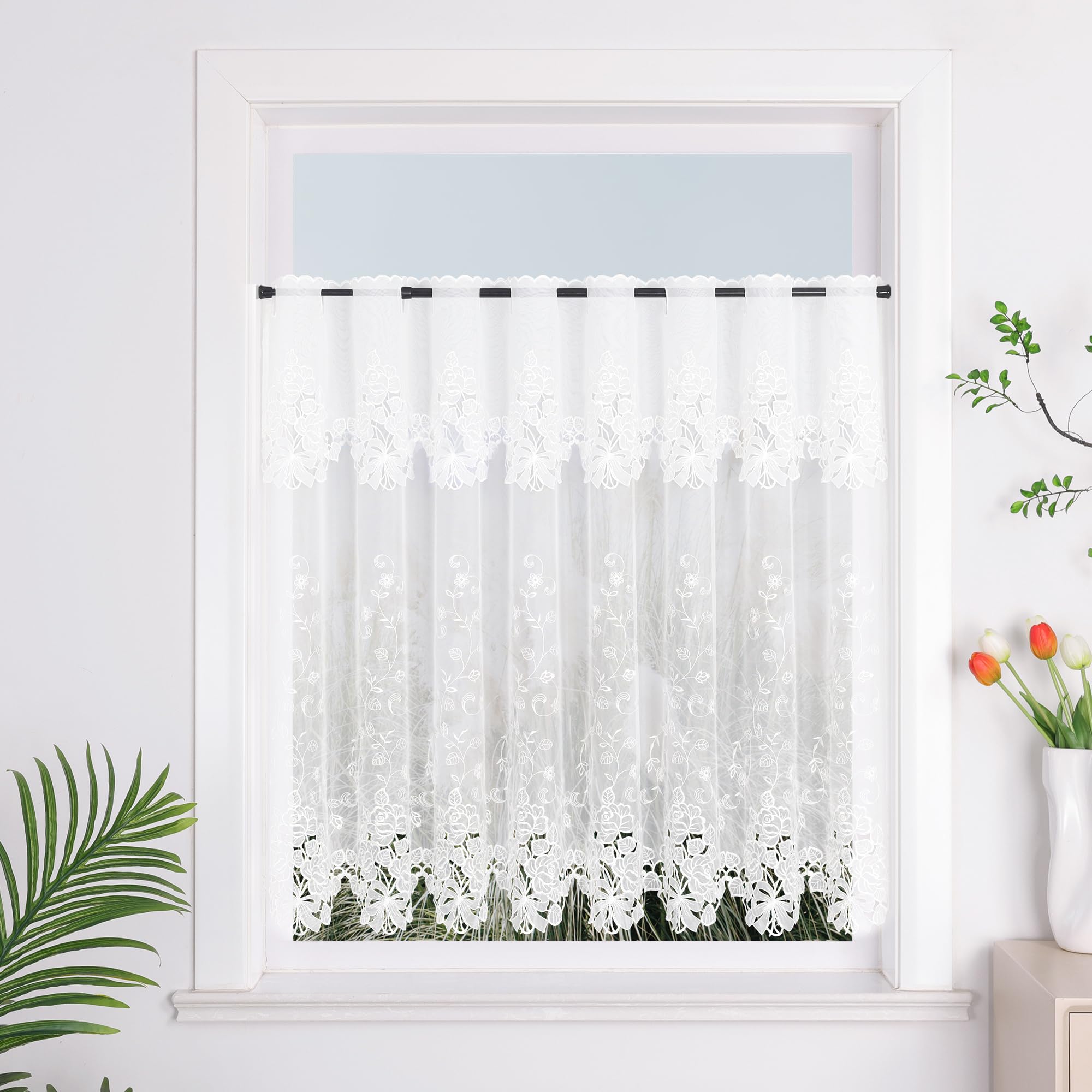 2er Pack Scheibengardinen Mit Blumen-Stickerei – Halbtransparent Weiß | 30x150 Cm + 90x150 Cm | Tunnelzug