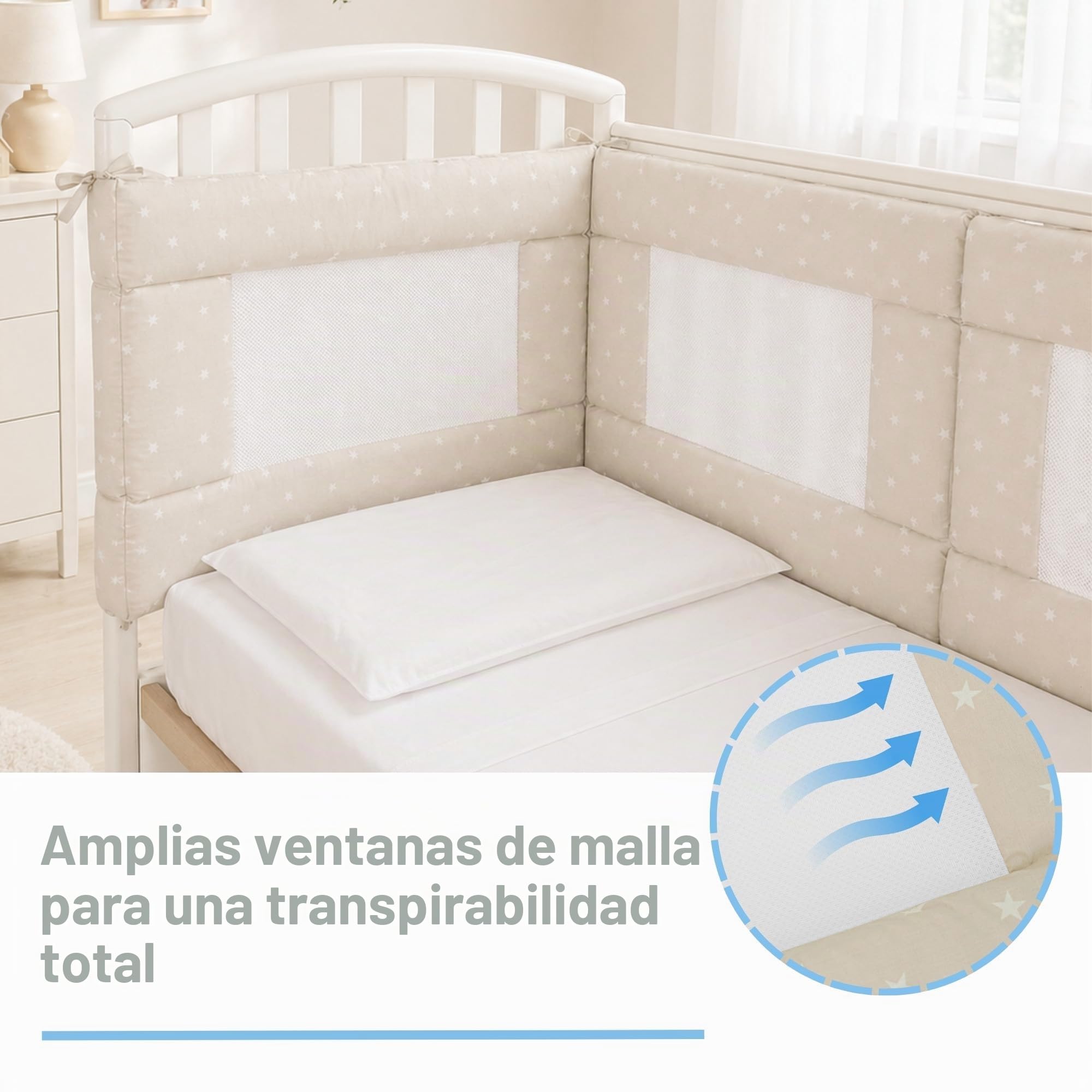Babysanity - Paragolpes de cuna de alta transpiración con sistema Baby Air Mesh El protector de cuna garantiza a tu bebé un ambiente seguro para la cuna (fantasía beige)