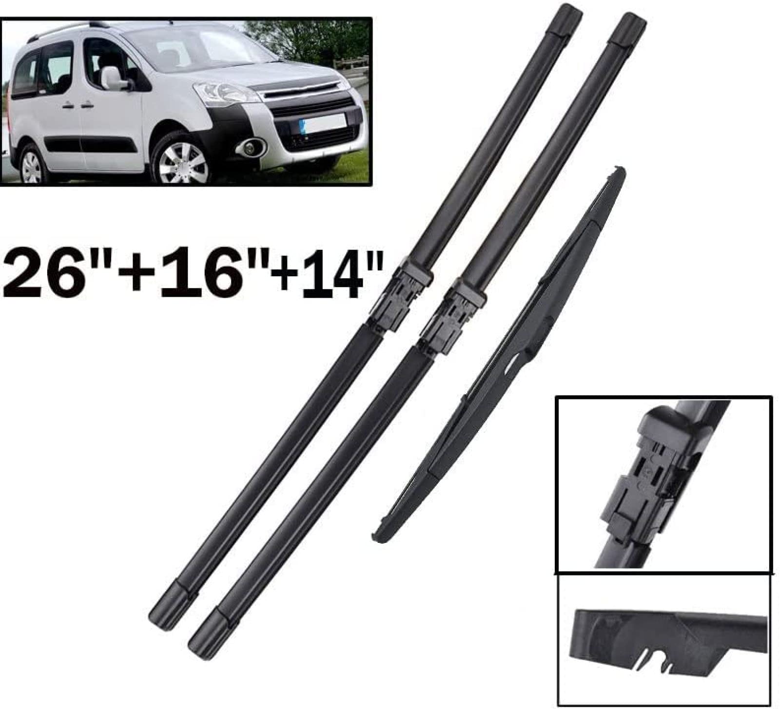 Juego de escobillas limpiaparabrisas Delanteras y traseras de 26 "16" 14 "para Citroen para Berlingo B9 2008 2009 2010 2011 2012 2013 2014 2015 2016 2017 limpiaparabrisas de Ventana
