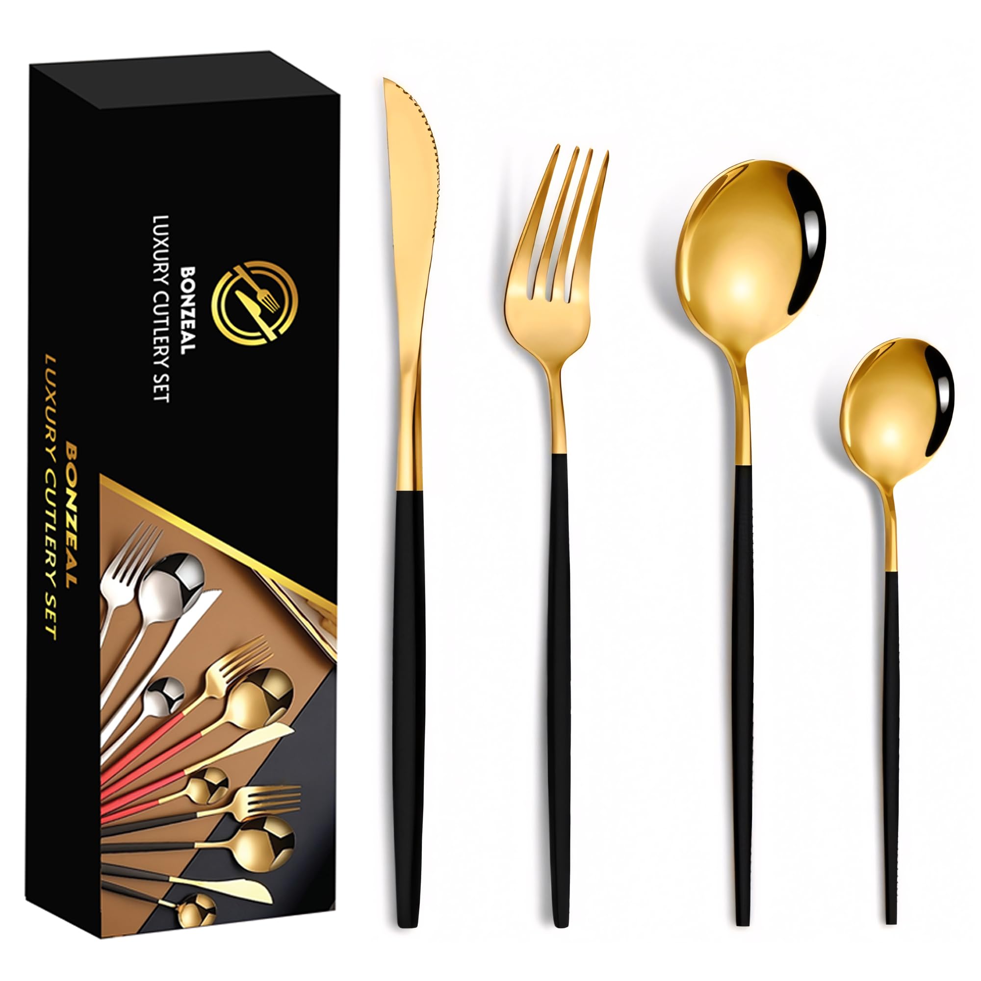 BonZeaL Gold Flatware Set - Luxury Stainless Steel for 12 -17