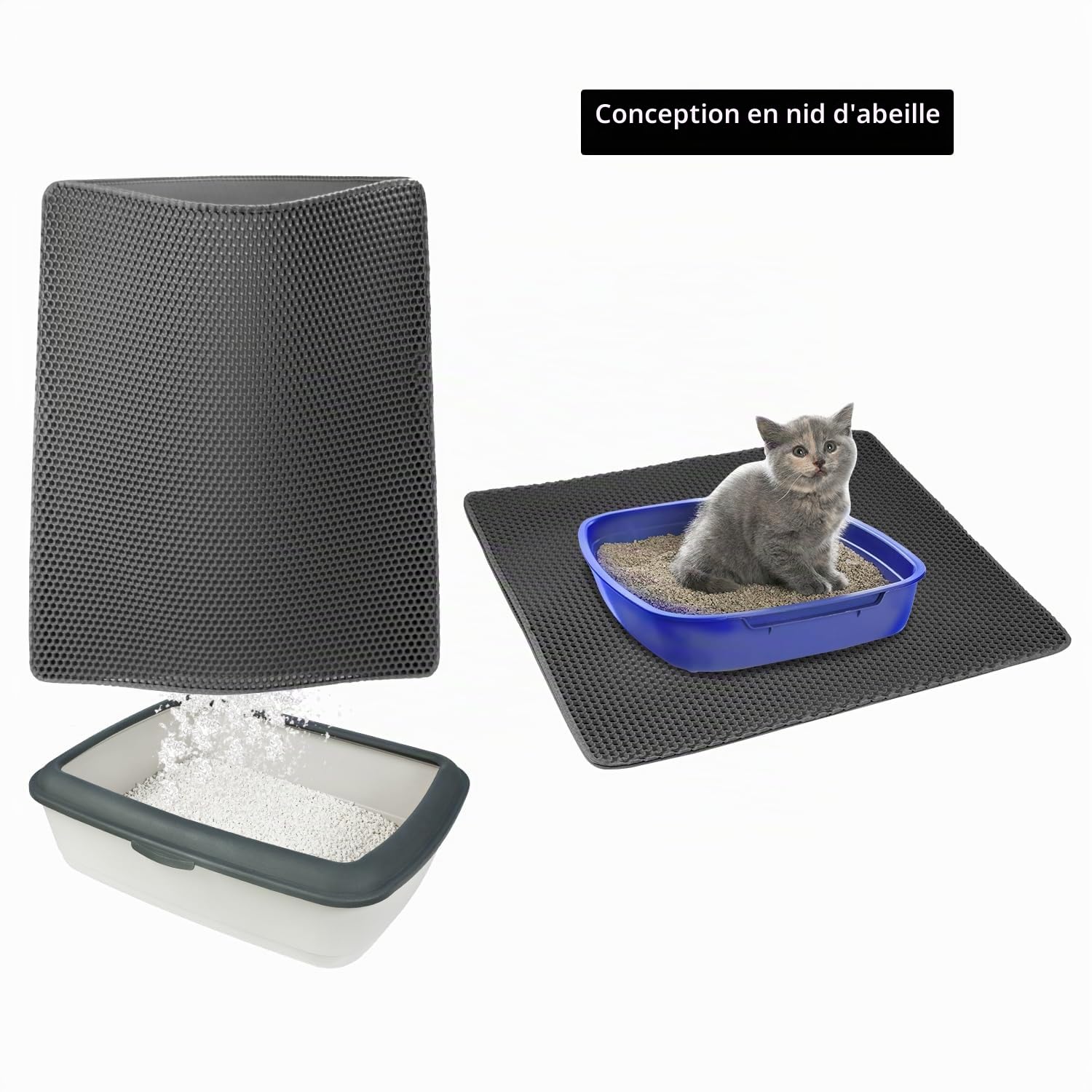 QWORK® Tapis Litiere Chat, 90 x 76 cm Double Couche Tapis Chat Litiere avec Trous en nid d'abeille, EVA Antidérapant Tapis Chat
