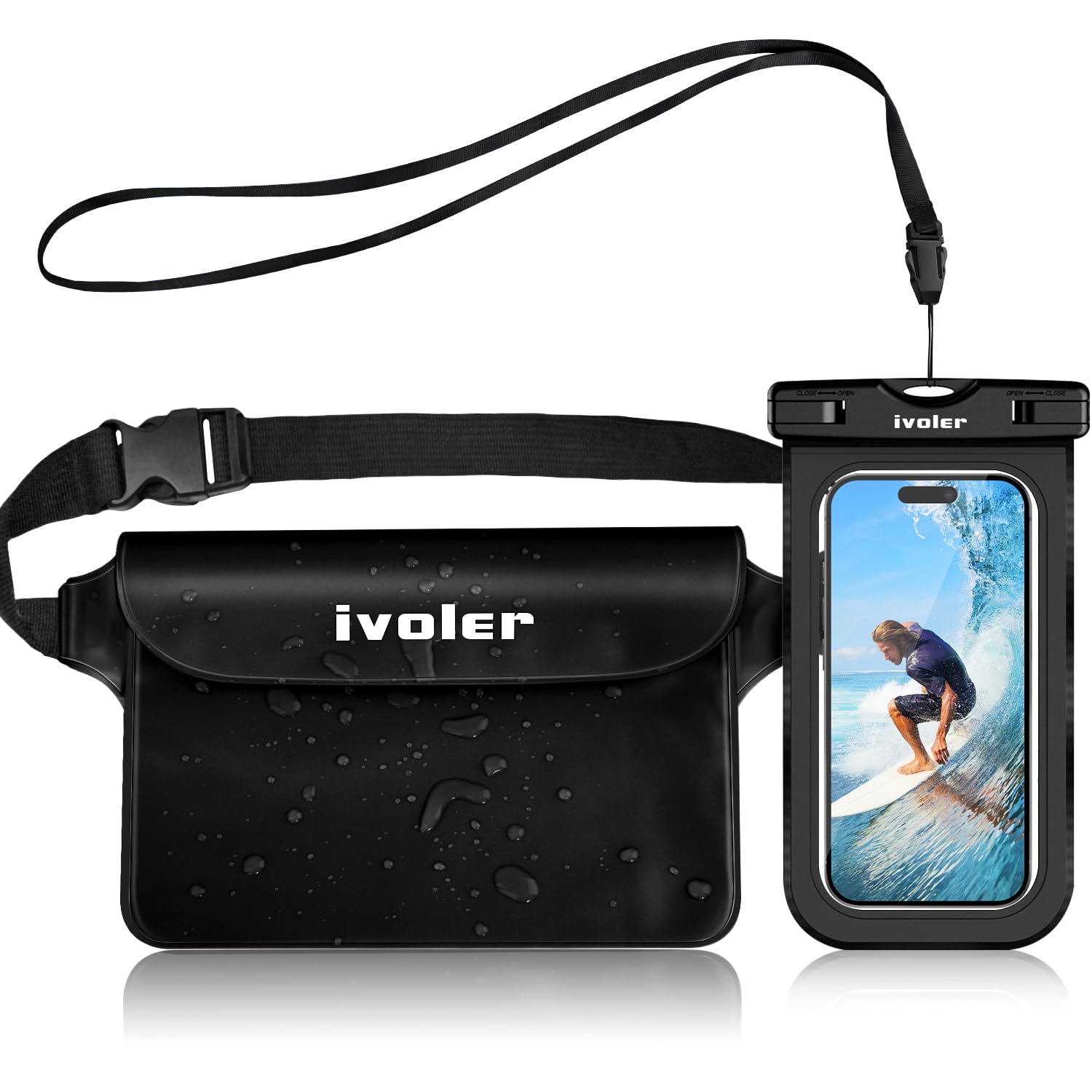 iVoler Kit Impermeabile con Borsa Marsupio e Custodia Smartphone IPX8 per Sport Acquatici Pesca Vela Sci Mare Escursione, Protezione per Cellulare Portafoglio Documenti - Nero