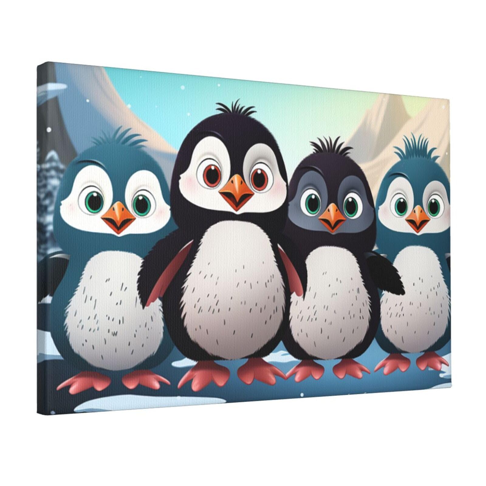 KLOPH Five cute penguins Canvas Wall Art for Living Room 12"x18" Modern Artwork Painting for Bathroom Hanging Canvas Prints Aesthetic Wallart for Bedroom Kitchen Office Wall Decor