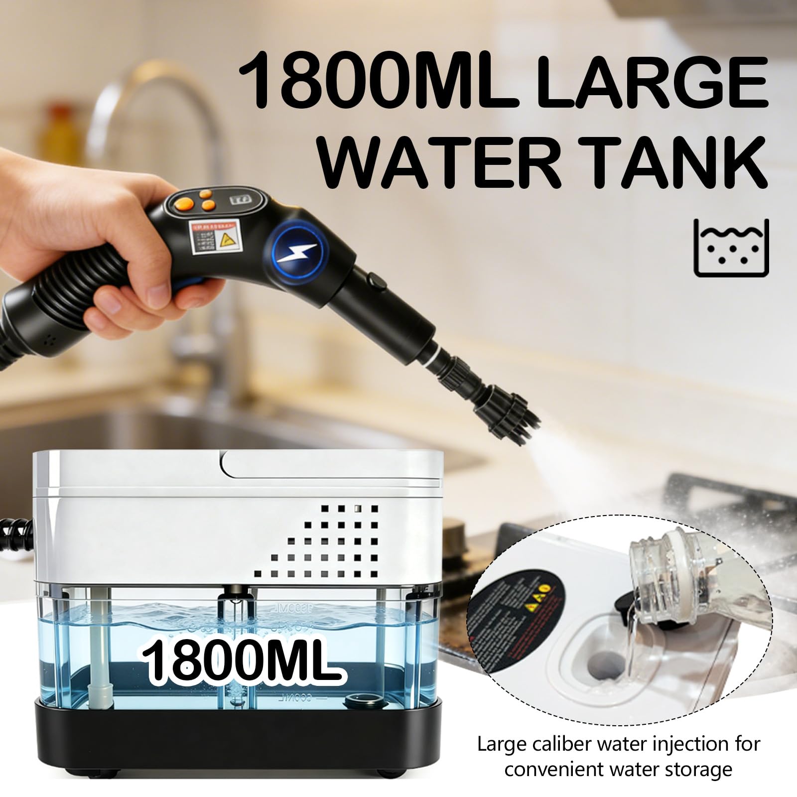 Limpiador a Vapor Portátil, 2500W Potente Limpiador a Vapor para el Hogar, 6 Velocidades Ajustables,19 Accesorios, Depósito de Agua de 1800 ml, Presión de 4 Bar, para Cocina, Ventanas, Pisos, Autos