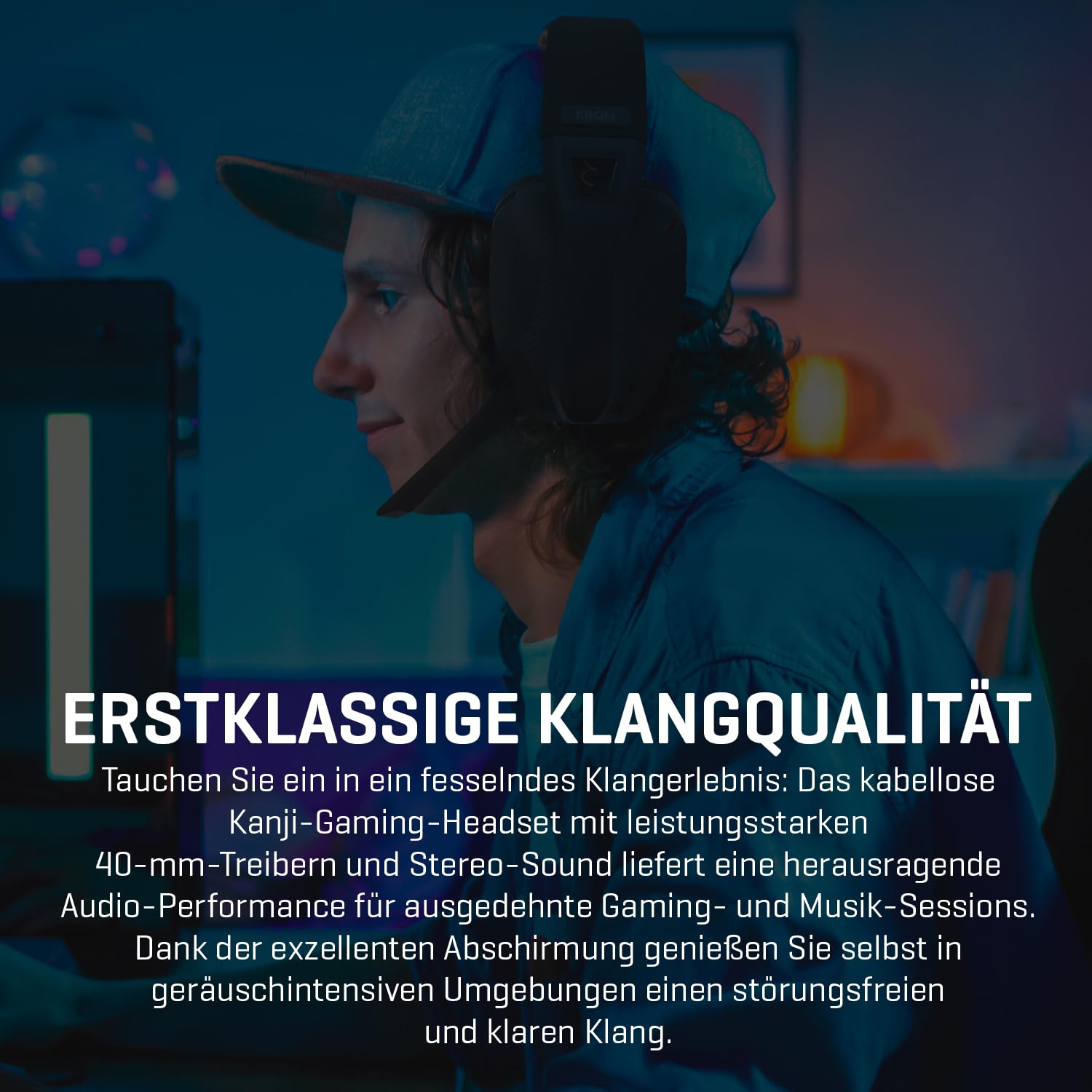 KROM KANJI – Kabelloses Gaming-Headset mit Bluetooth 5.3, 2,4 GHz & USB, 40-mm-Treibern, omnidirektionalem Mikrofon, Lautstärke- & Stummschaltung am Ohrhörer, verstellbarem, leichtem Kopfband, Schwarz