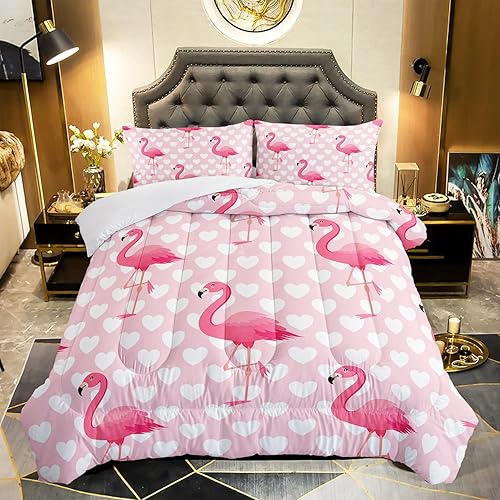 XYNHML Juego de edredón de flamenco, tamaño matrimonial, diseño de corazón de flamenco, rosa tropical, juego de ropa de cama acolchado Kawaii para