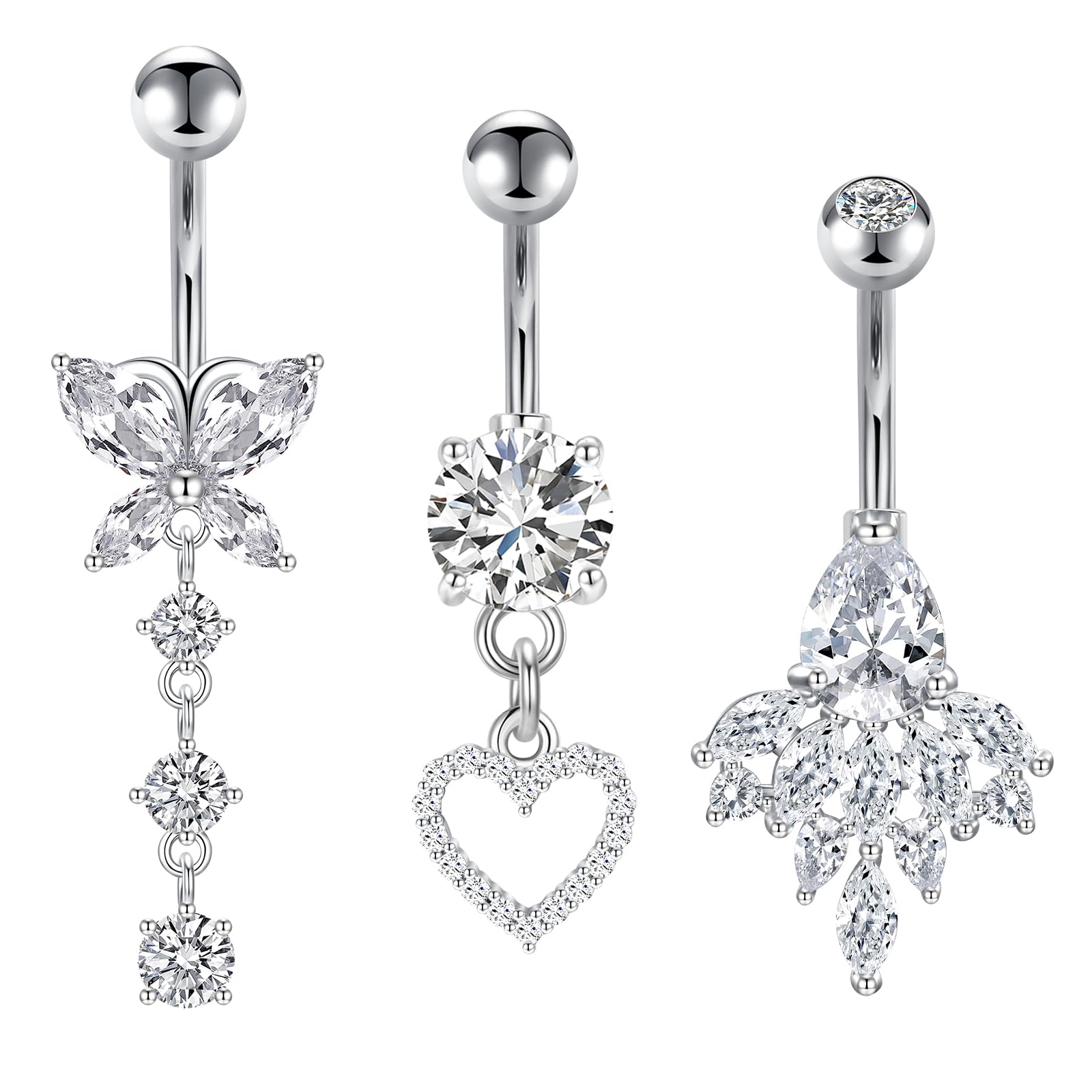 Briana WilliamsBriana Williams Belly Bar Silver Belly Button Bars 14G 10mm Stainless Steel Heart Cubic Zirconia Belly Navel Piercing Jewellery