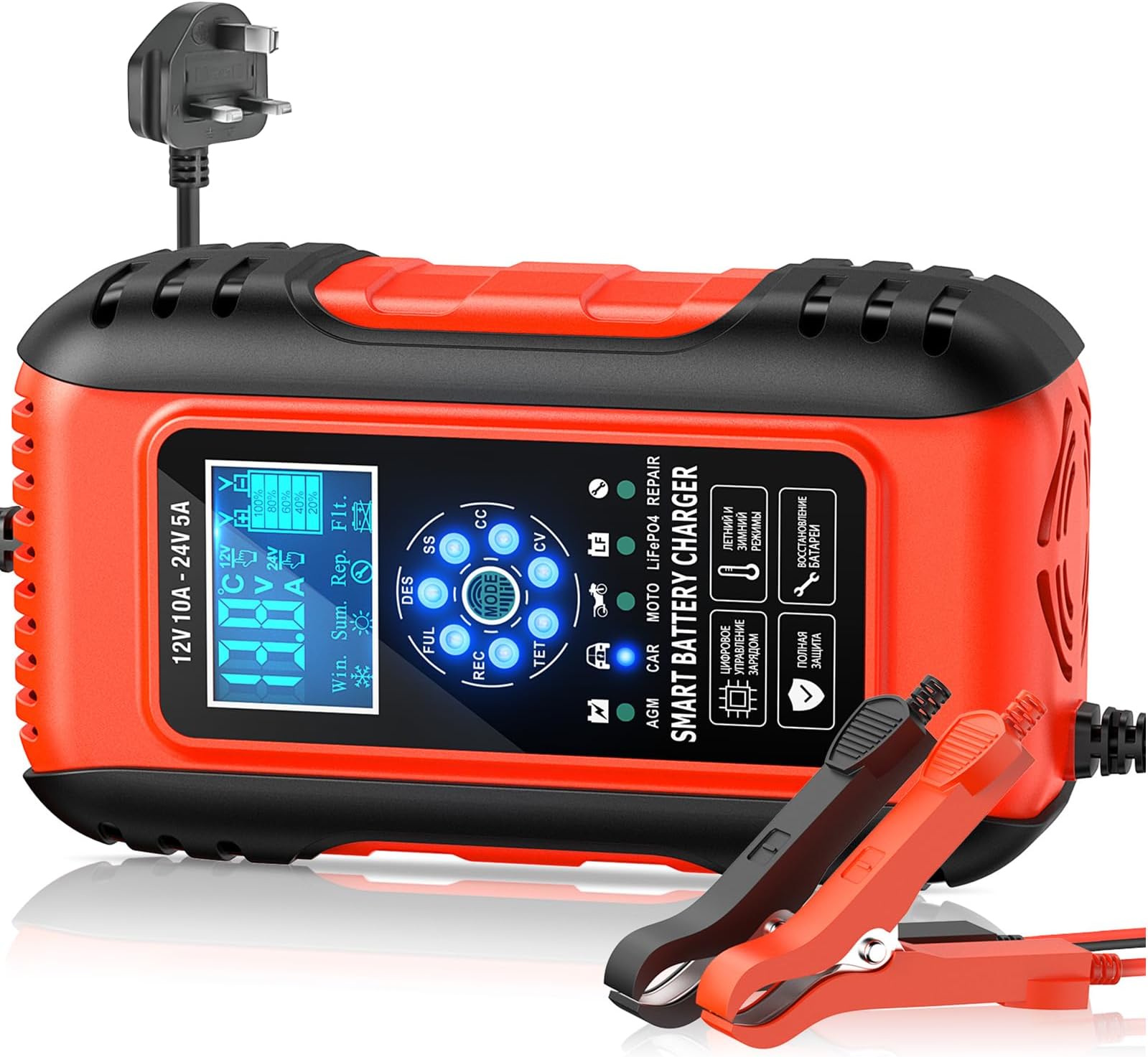10Amp Car Battery Charger 12V/24V, 7 Stage Charging Smart Fully Automotive Battery Charger with Maintainer/Pulse Repair Charger Pack for Car, Motorcycle, Lead Acid Batteries & AGM