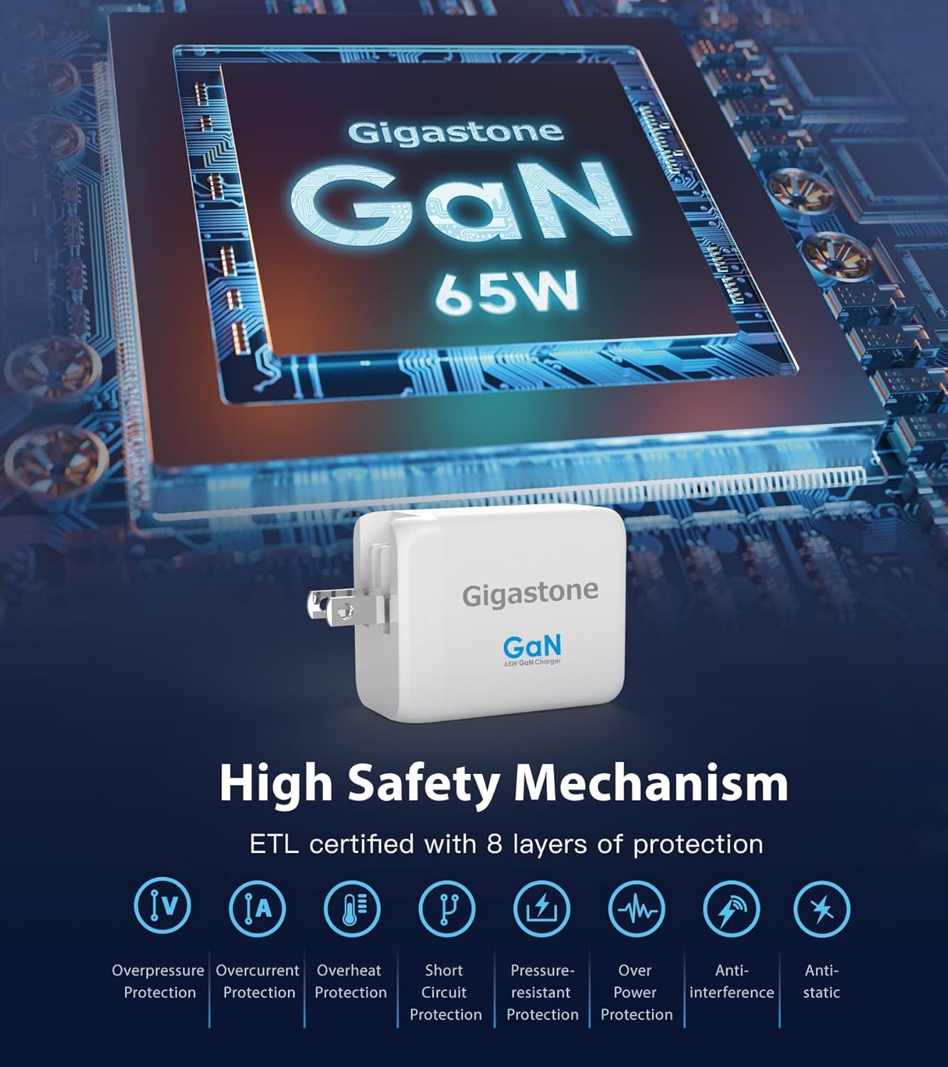 🛒 Flash Sale [GaN Wall Charger] Gigastone PD 65W GaN Charger 3-Port, 1 USB-A + 2 USB-C, 65W USB C Charger, Fast Charge 65W Charger, Compact Foldable for iPhone, iPad Pro, Android, MacBook Pro, Nintendo Switch