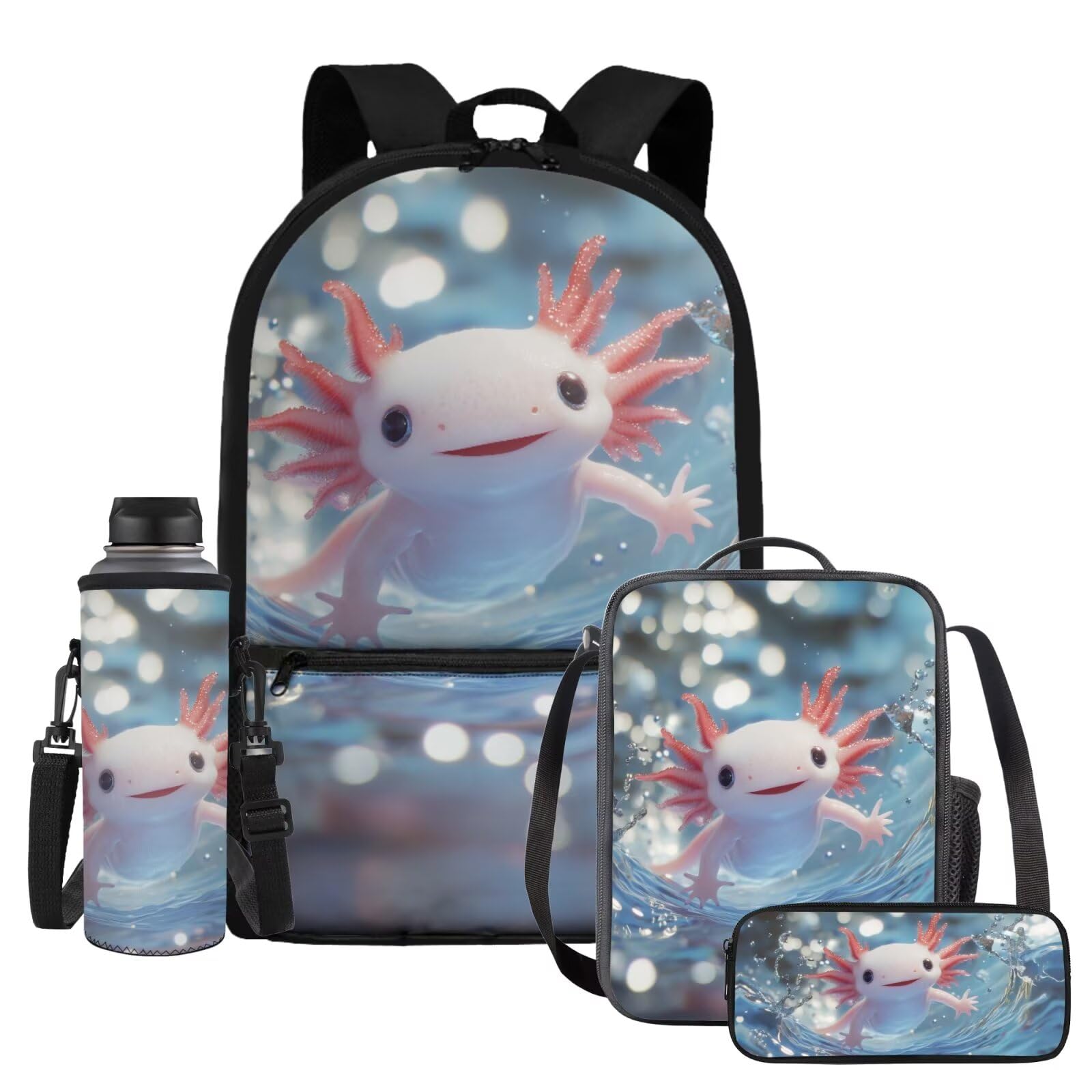 Kinder-Schultaschen, Rucksack, Lunchbox-Set mit Wasserflaschenhalter, Federmäppchen, 4-teiliges Set, Axolotl Wasserdruck, Einheitsgröße, Schulranzen-Set