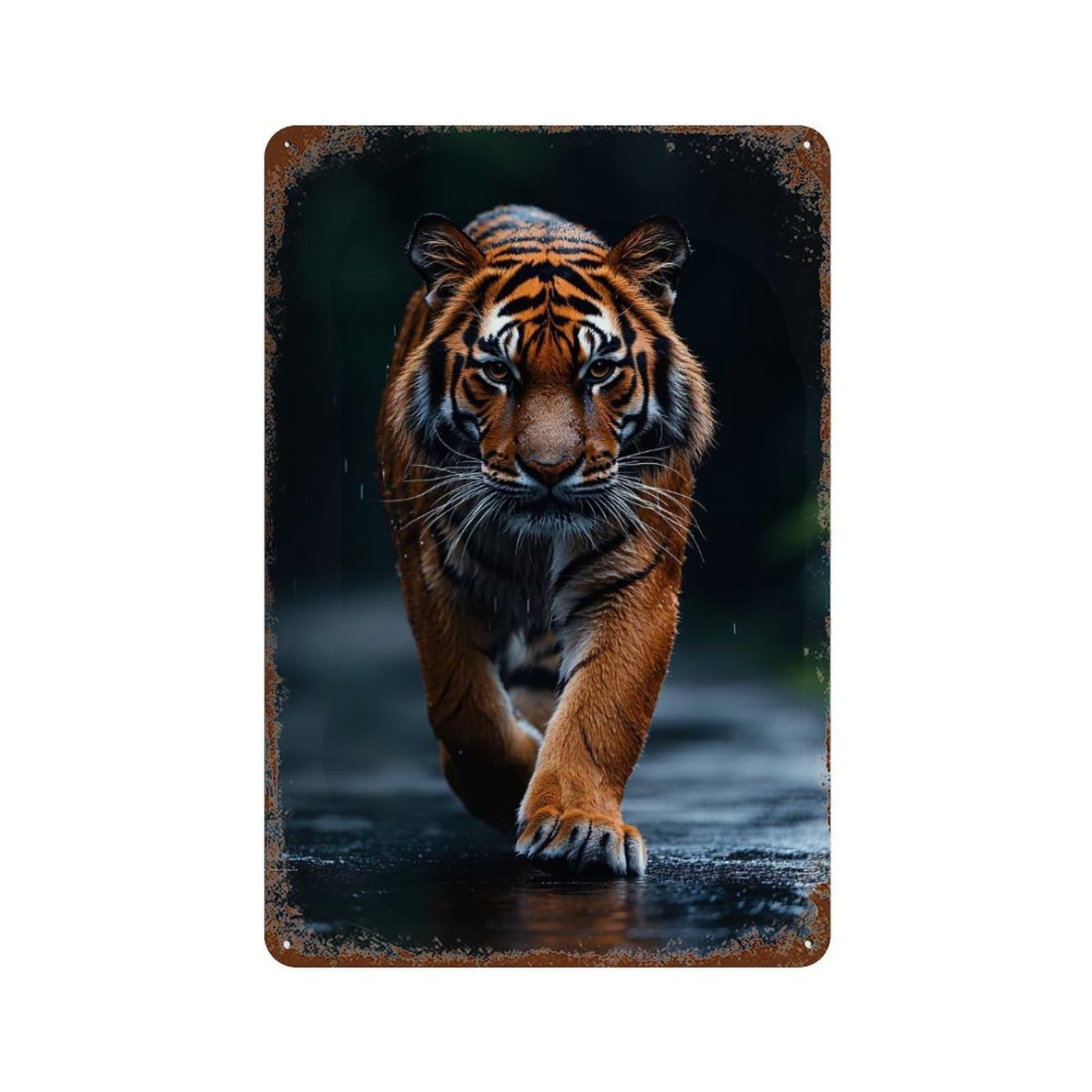 Majestic Tiger Walking Forward 11.8"x7.9" Distressed Metal Wall Sign, Shabby Chic Decor for Shed, Workshop And Garage Wall Decor