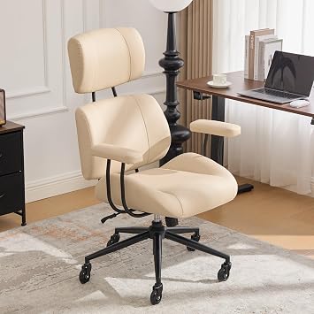 E-Motie Ergonomic Leather Office Chair, Computer Desk Chair, Beige