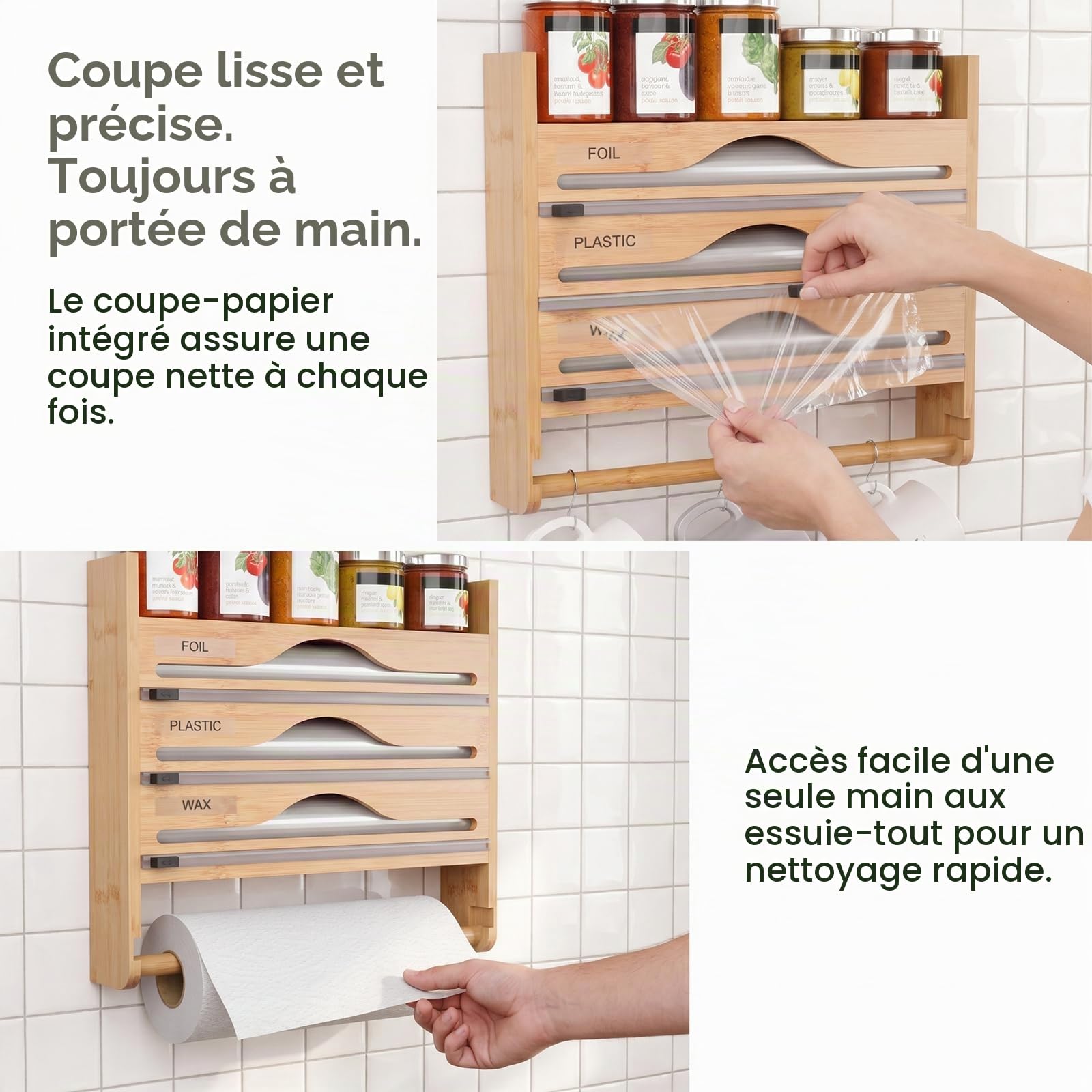Distributeur Papier Aluminium et Film Alimentaire Mural 5 en 1 | Porte-Rouleau Cuisine Bambou avec Coupe-Film, Support Essuie-Tout & Épices, sans Perçage