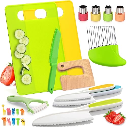 Juego de 23 cuchillos para niños para cocina real, juguetes de cocina Montessori para niños pequeños, juego de cuchillos para niños pequeños con