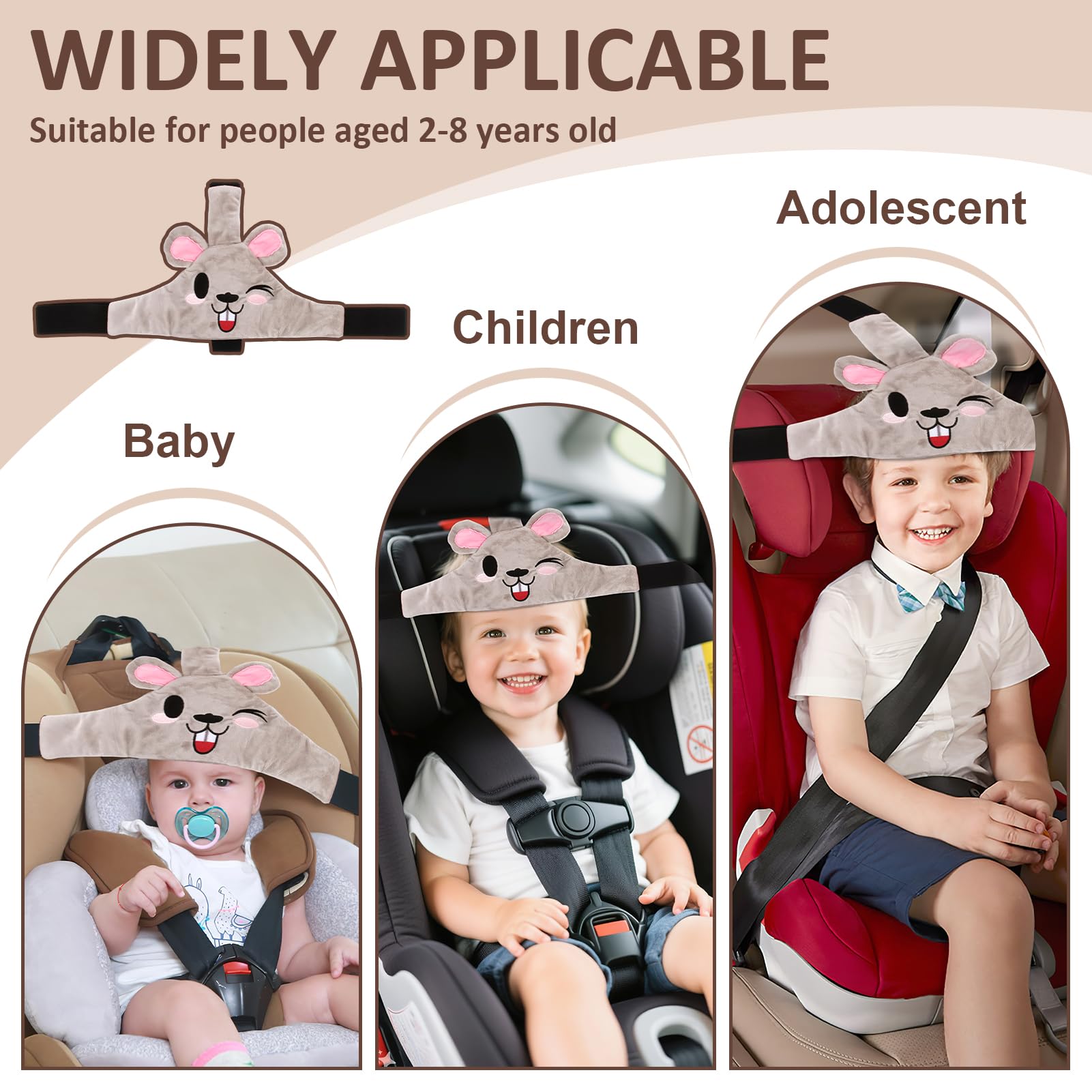 Soporte de cabeza de asiento de coche infantil de bebé, diadema de coche para niños, coche y posicionador de sueño cómodo, correa ajustable para seguridad y comodidad durante los viajes en coche