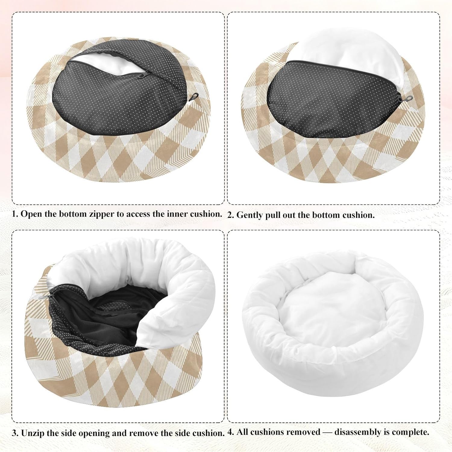 Dog Bed Ultra Soft Fluffy Comfortable Cat Bed, Oat Color Plaid Washable Dog Beds Anti-Slip Round Pet Beds for Medium Dogs