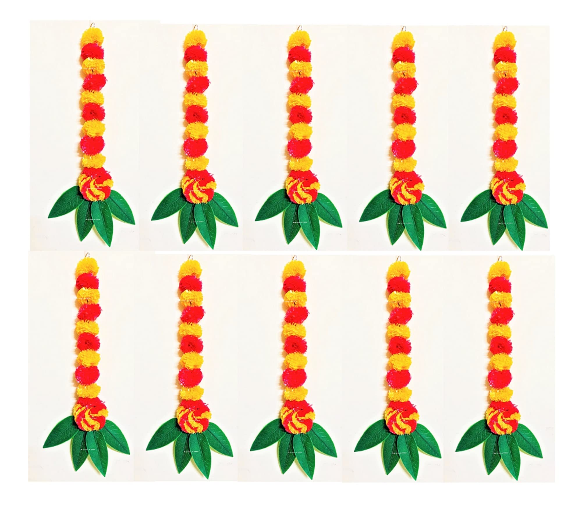 Sphinx artificial marigold fluffy flowers and mango leaves garlands for home decoration, wall decorations, backdrops - Light orange and Red (Approx. 2.25 ft, 10)