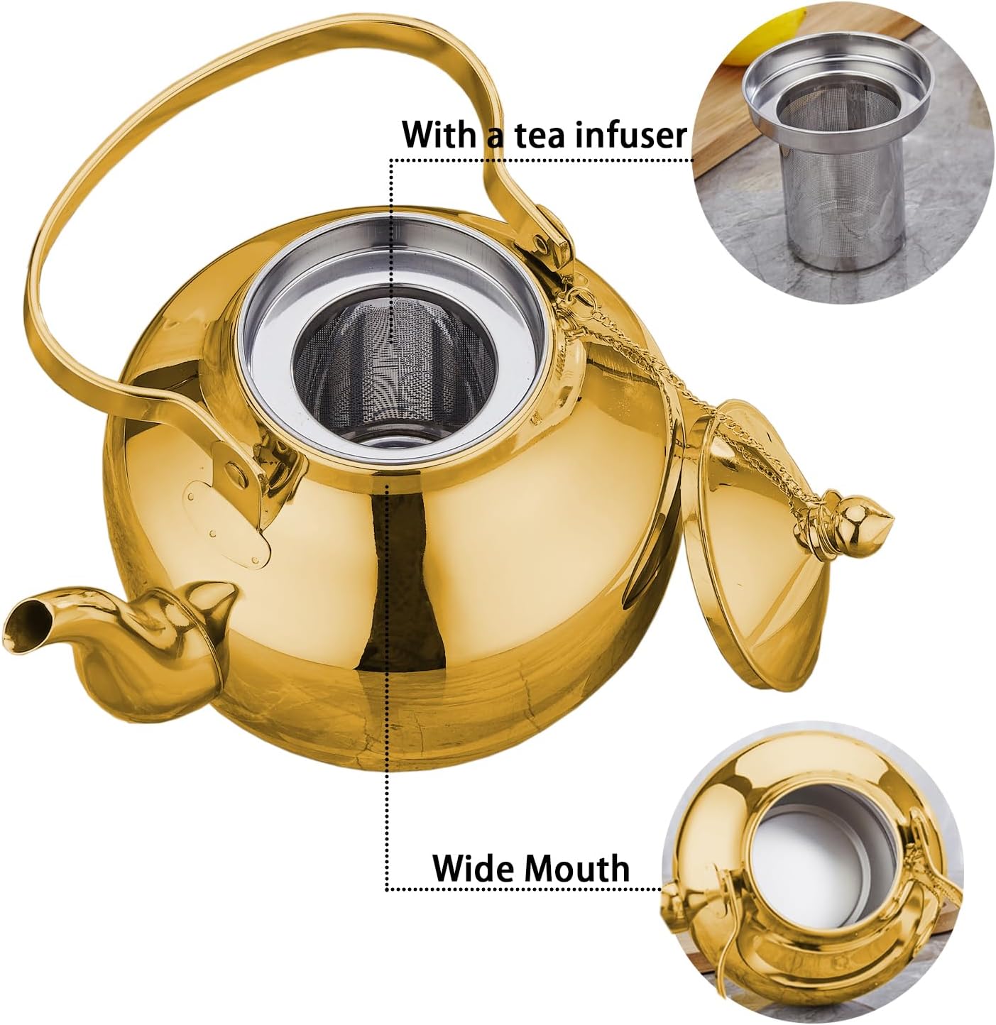 2000ml Gooseneck Teapot with Removable Infuser, 2.1qt Hot Water Kettle Boiling Water Pot, Stainless Steel Tea Kettle, Stovetop Safe Teapot Coffee Kettle for Coffee Blooming, Loose Tea, Gold