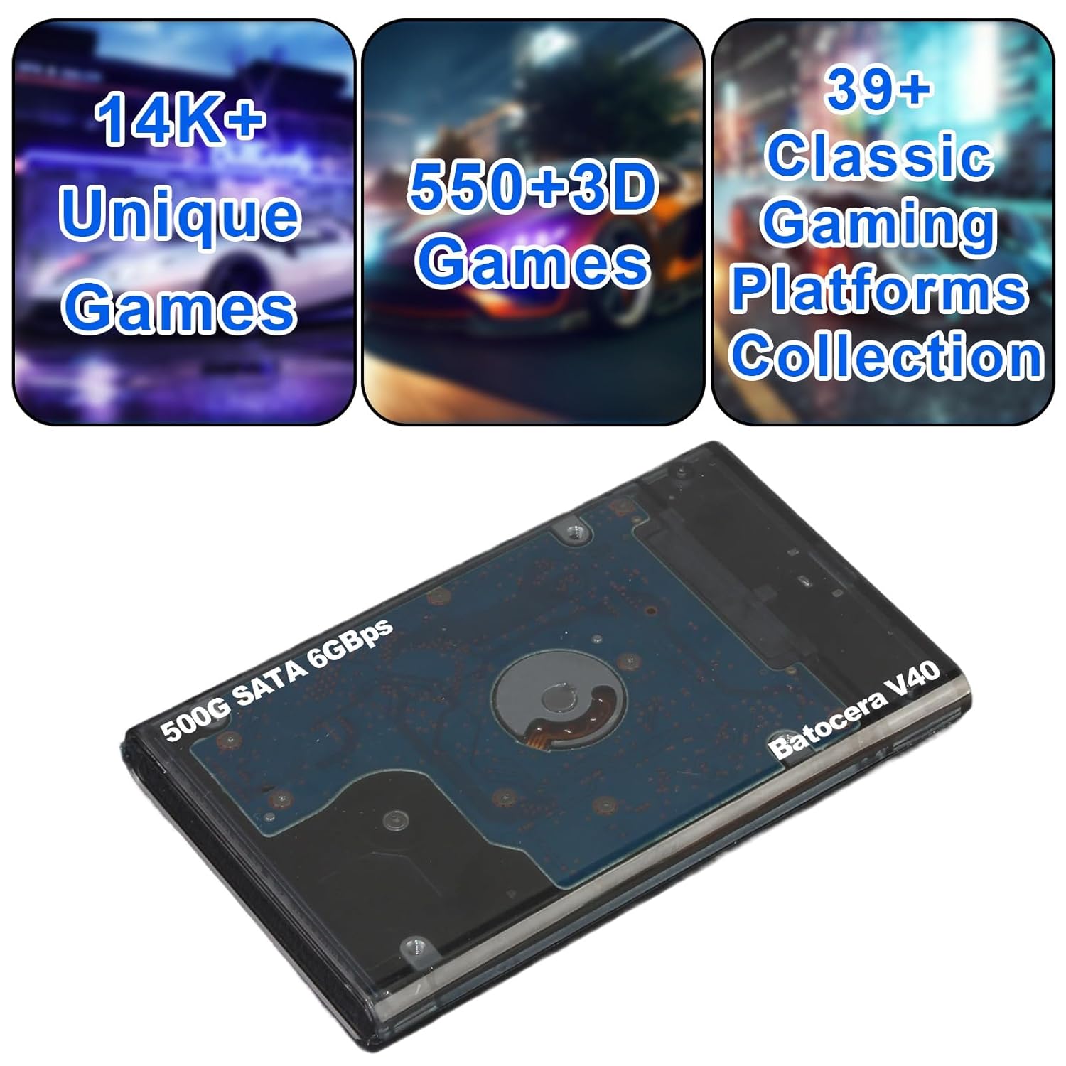 portable retro game emulator console batocera v40 500gb plug & play game system bulit in-14.5k+ games 550+ 3d no dupes 39 systems - usb-c 3.1-200mb/s for pc/laptop/windowspc