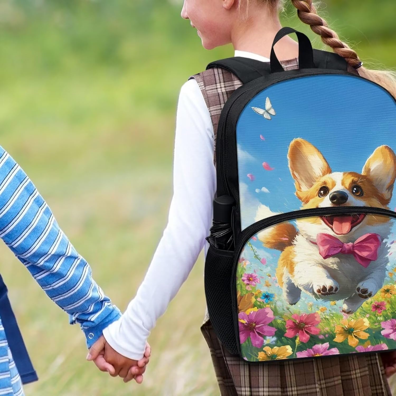Corgi Dog Vibrant Flowers Pattern Kids Backpack for Boys Girls Elementary Students Bookbag Middle School Bag Lightweight Children Travel Bag Backpacks Laptop Bag