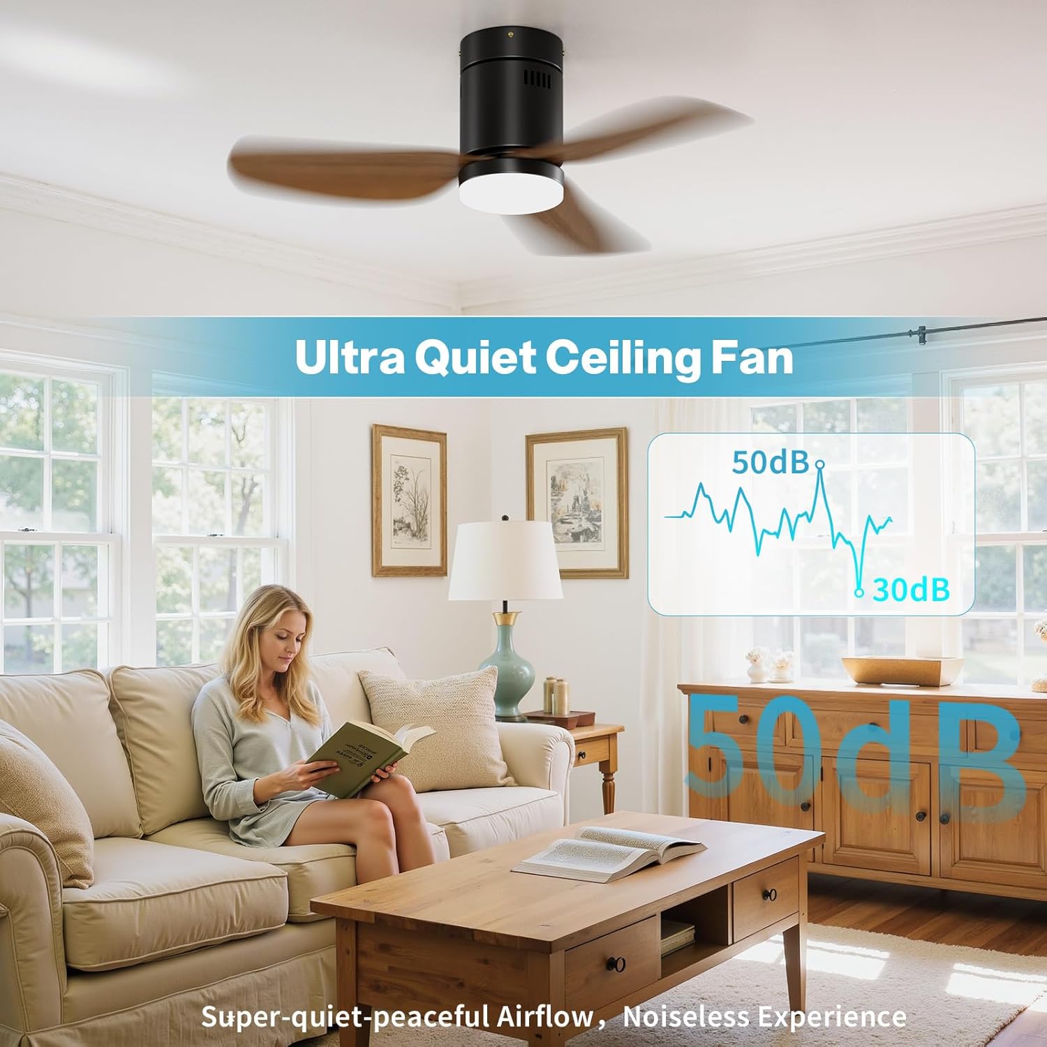 Woman reading under a quiet ceiling fan, with a noise level indicator.