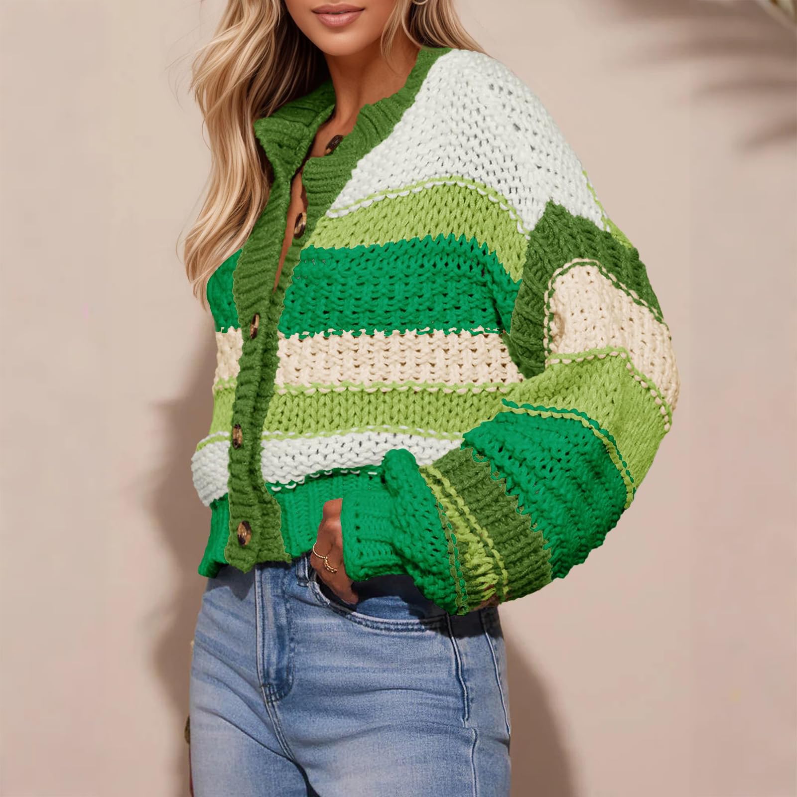 Generisch Strickjacke Damen Bunt Übergangsmantel Langarm Jacke Mit Knöpfen