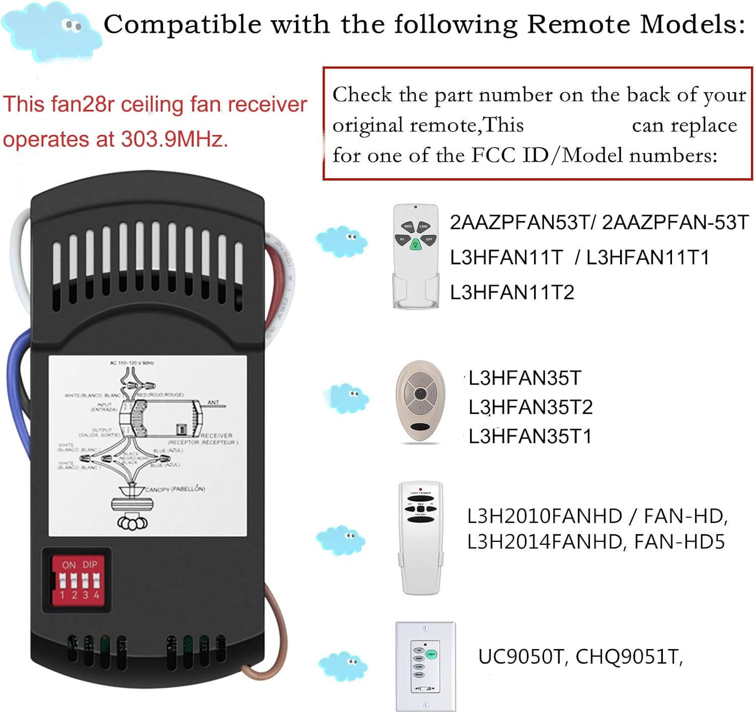 Ceiling Fan Remote Control Kit Replacement for Harbor Breeze Hunter Allen+Roth Kichler - FAN-35T KUJCE9603 L3HFAN35T1