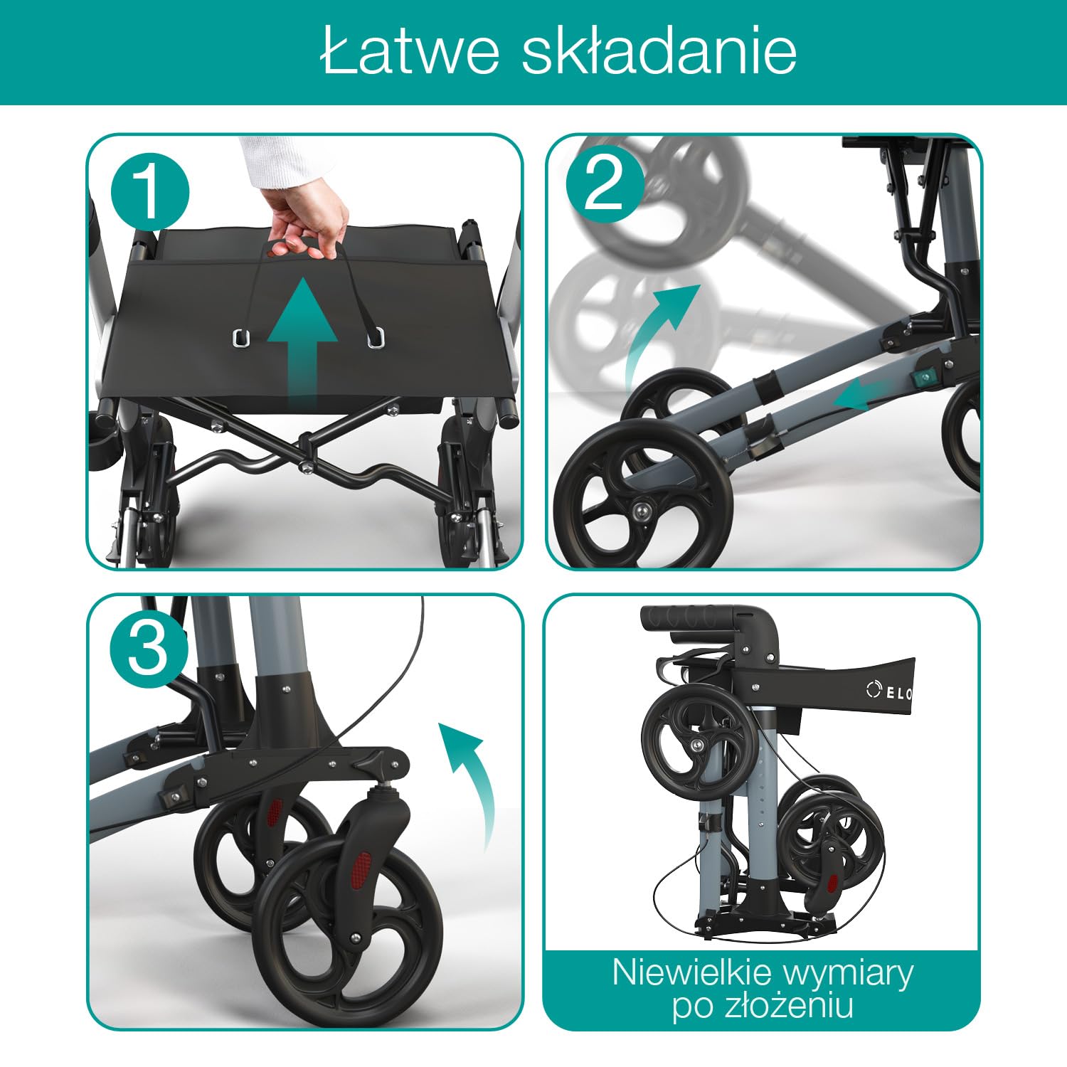 ELONEO Lekki rollator z siedziskiem, 8-stopniowa regulacja wysokości, 3-krotnie składana pomoc do chodzenia z torbą i uchwytem na parasol, mieści się w samochodzie (Antracyt)