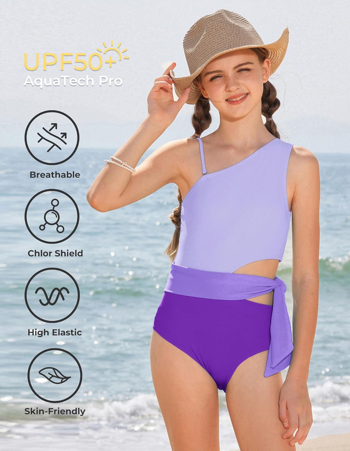 GRACE KARIN Girls One Piece One Shoulder Swimsuits Kids Cutout Waist Bathing Suits with Kimono Contrast Color Swimwear 6-14 - Image 6