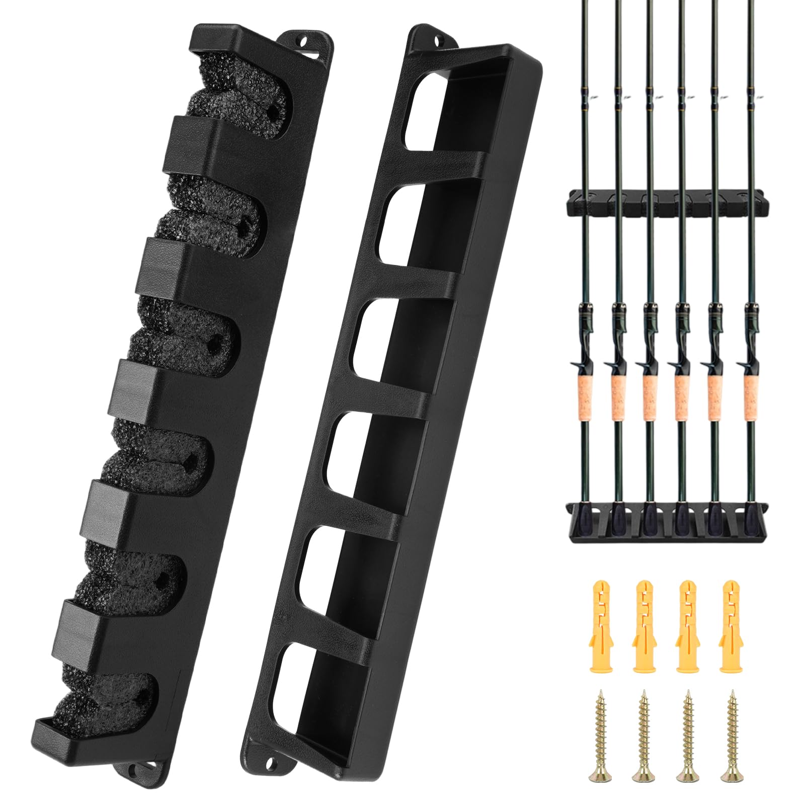 1 par de soportes para caña de pescar vertical y horizontal – Estantería de pared para 6 polos, estante de almacenamiento Rod Rack (negro)