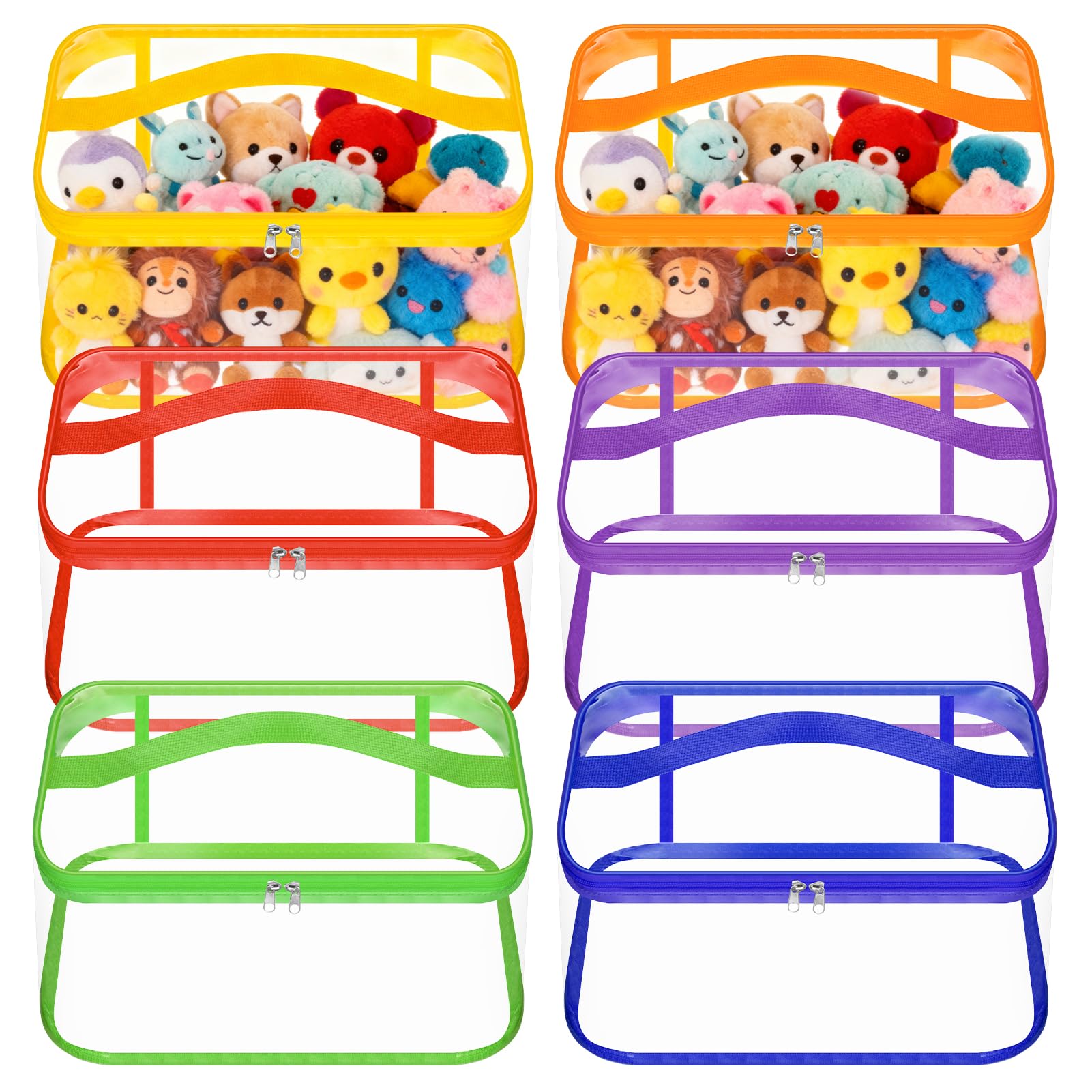 6PCS Clear Toy Storage Bags,9.5x6.7x5.1 Inch PVC Organiser Bags with Zipper, Multi-Colour Toy Containers with Handle, Reusable Waterproof Toys Pouch for Building Blocks Puzzle Balls Board Games