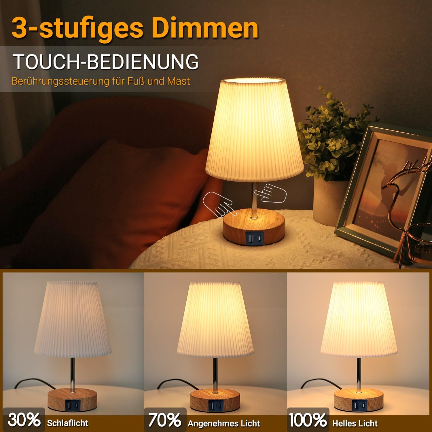 HSLighting Nachttischlampe Touch Dimmbar: Tischlampe mit Ladefunktion USB A+C Anschlüssen Steckdosen LED Birnen Lampenschirm aus Stoff Kleine Schreibtischlampe für Schlafzimmer Wohnzimmer 2 Stuck