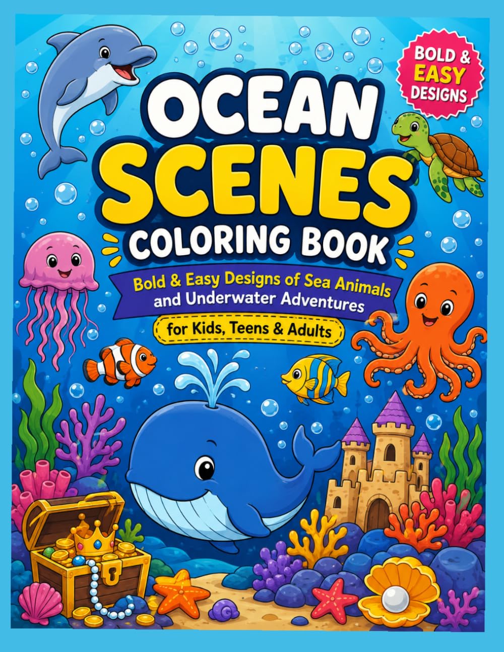 Ocean Scenes Coloring Book: Bold & Easy Designs of Sea Animals and Underwater Adventures for Kids, Teens & Adults
