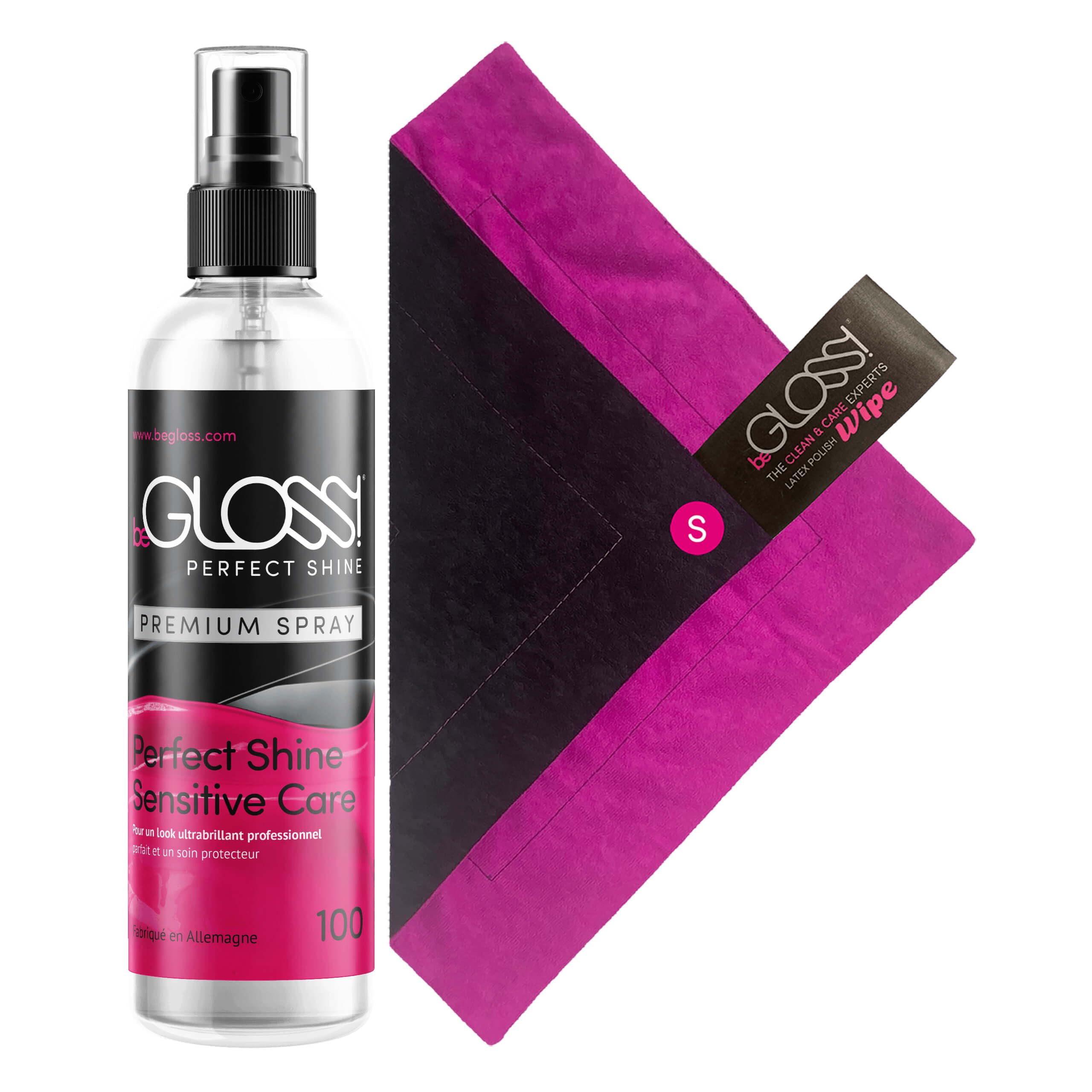 beGLOSS PERFECT SHINE PREMIUM SPRAY 100 ML + beGLOSS WIPE - Vernis au latex - Brillance ultime haute brillance - Le lubrifiant pour le polissage et l'entretien des vêtements en caoutchouc et latex.