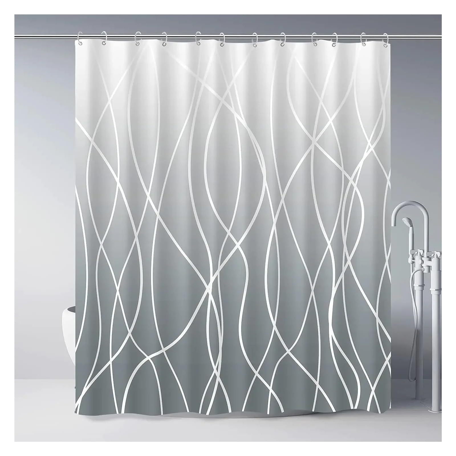Tenda Doccia Tende da doccia moderna in tessuto ondulato a righe bianche e nere, a righe sfumate, Tende da doccia decorativa for il bagno.(93SH,180x200cm-70x78in)