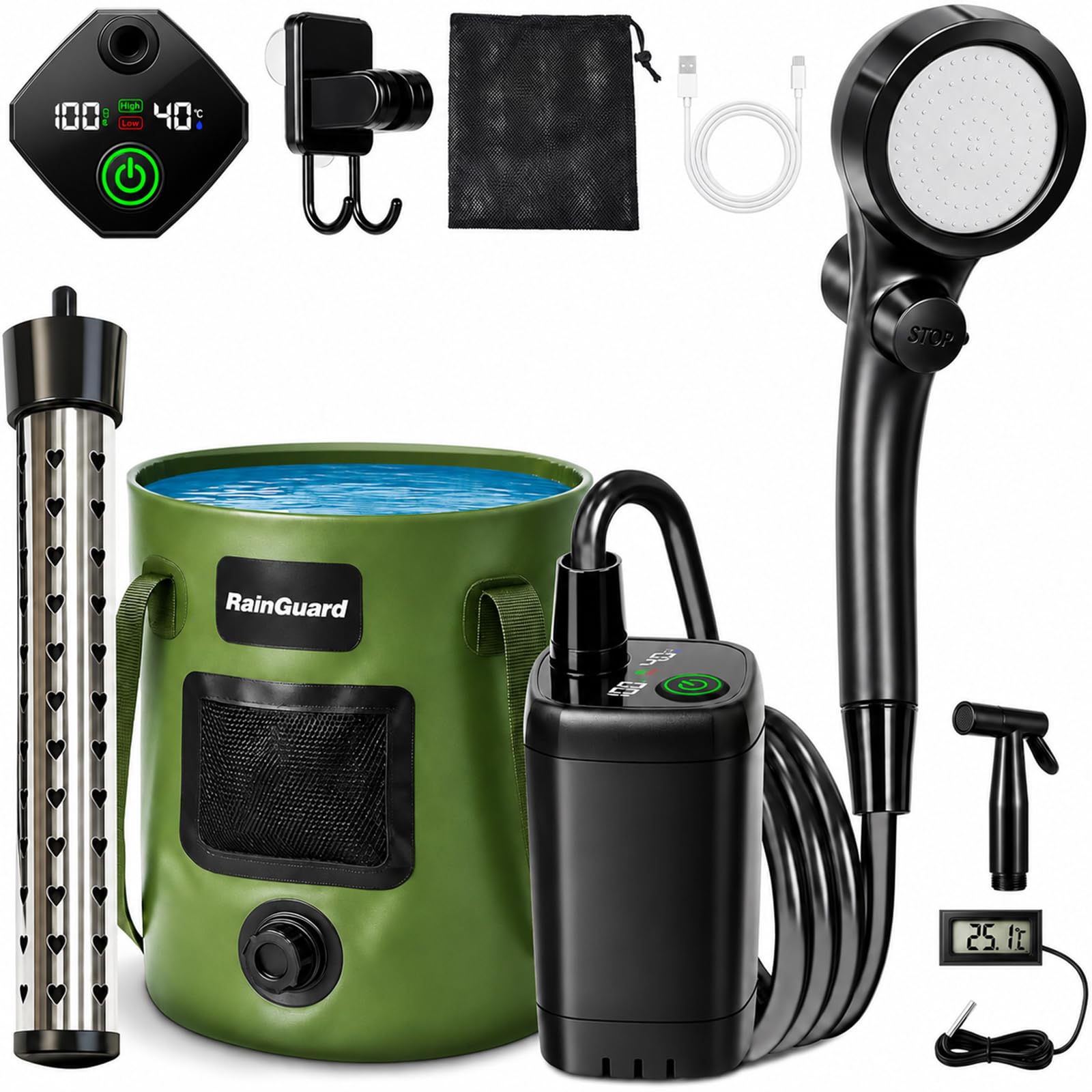 Tragbare Dusche für Camping, 6000 mAh, wiederaufladbare Camp-Duschpumpe mit großer Kapazität, faltbarer Eimer, gefilterter Duschkopf, Outdoor-Camping-Duschset für Reisen, Haustierbad