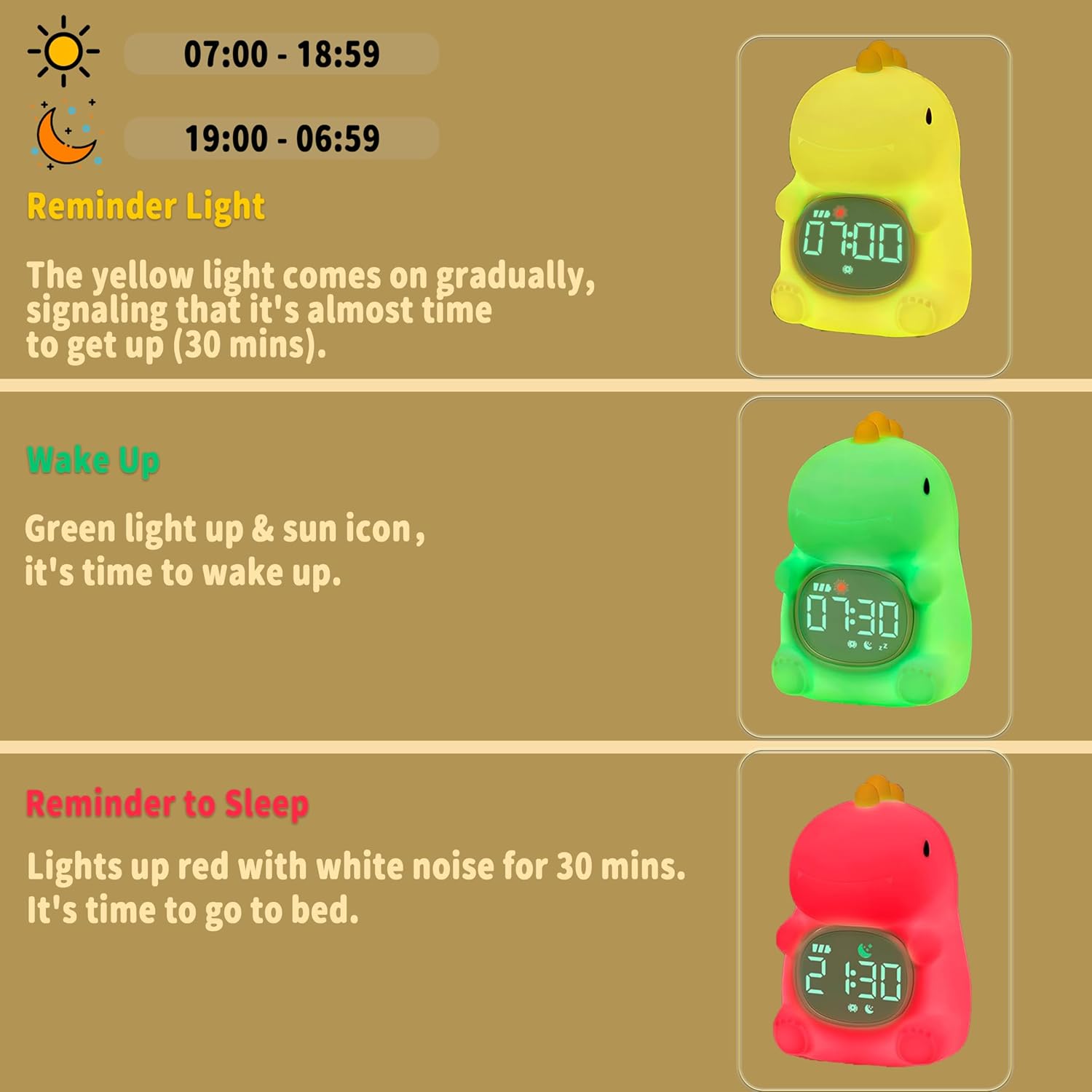 Dinosaur Alarm Clock with Night Light for Kids, Sleep Training and Sound Machine, Rechargeable Silicone Lamp Wake Up Clock, Cute Animal Tabletop Lamp, Alarm Clocks for bedrooms (Dinosaur)