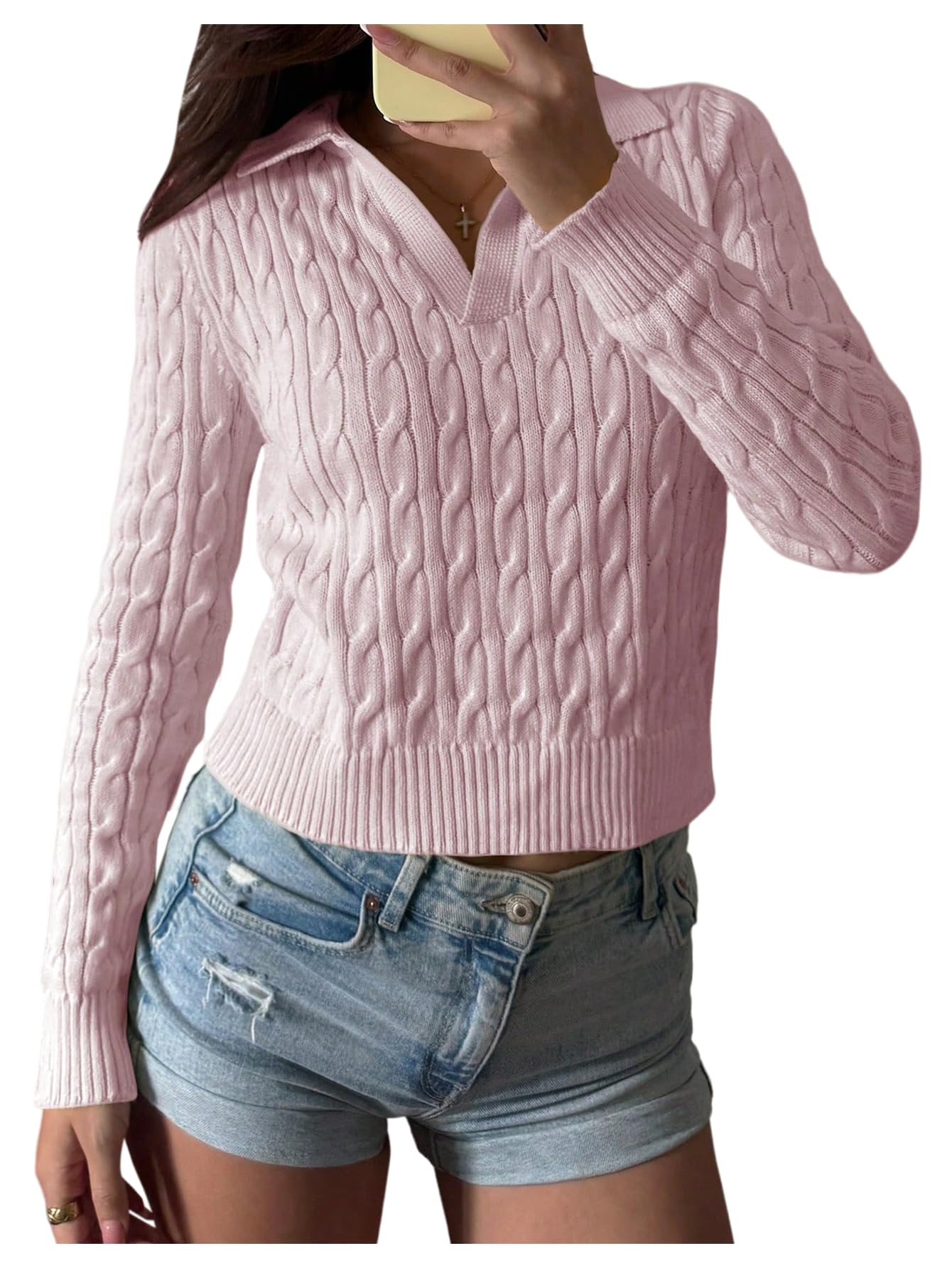 Verdusa Womens Cable Knit Sweater Old Money Long Sleeve Collared Knit Tops