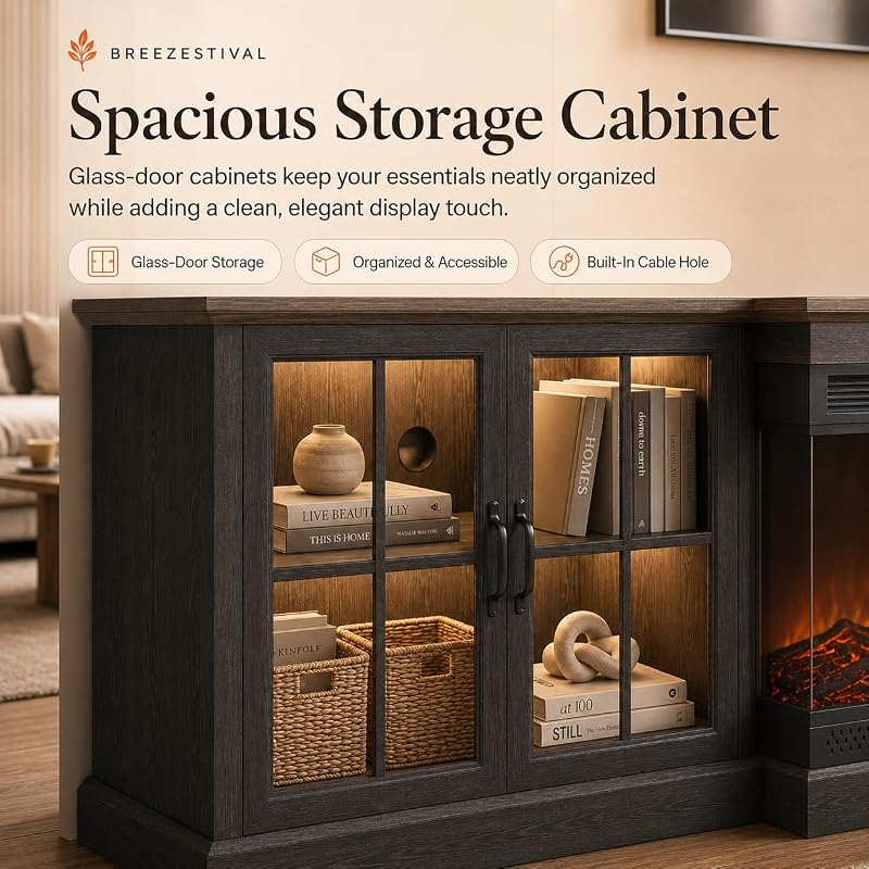 Black Farmhouse TV Stand with Fireplace, Entertainment Center, 98" Wall Unit Media Console with Bookshelf, Cabinet & Power Outlets & Barn Doors, Fits TVs Up to 75” for Living Room image 6