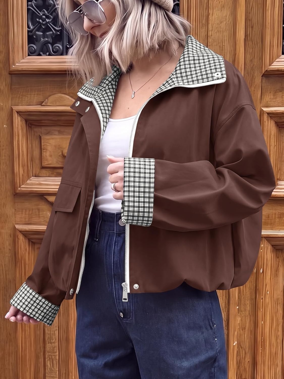 Tankaneo Womens Cropped Bomber Jacket Plaid Lightweight Fall Jacket image 3
