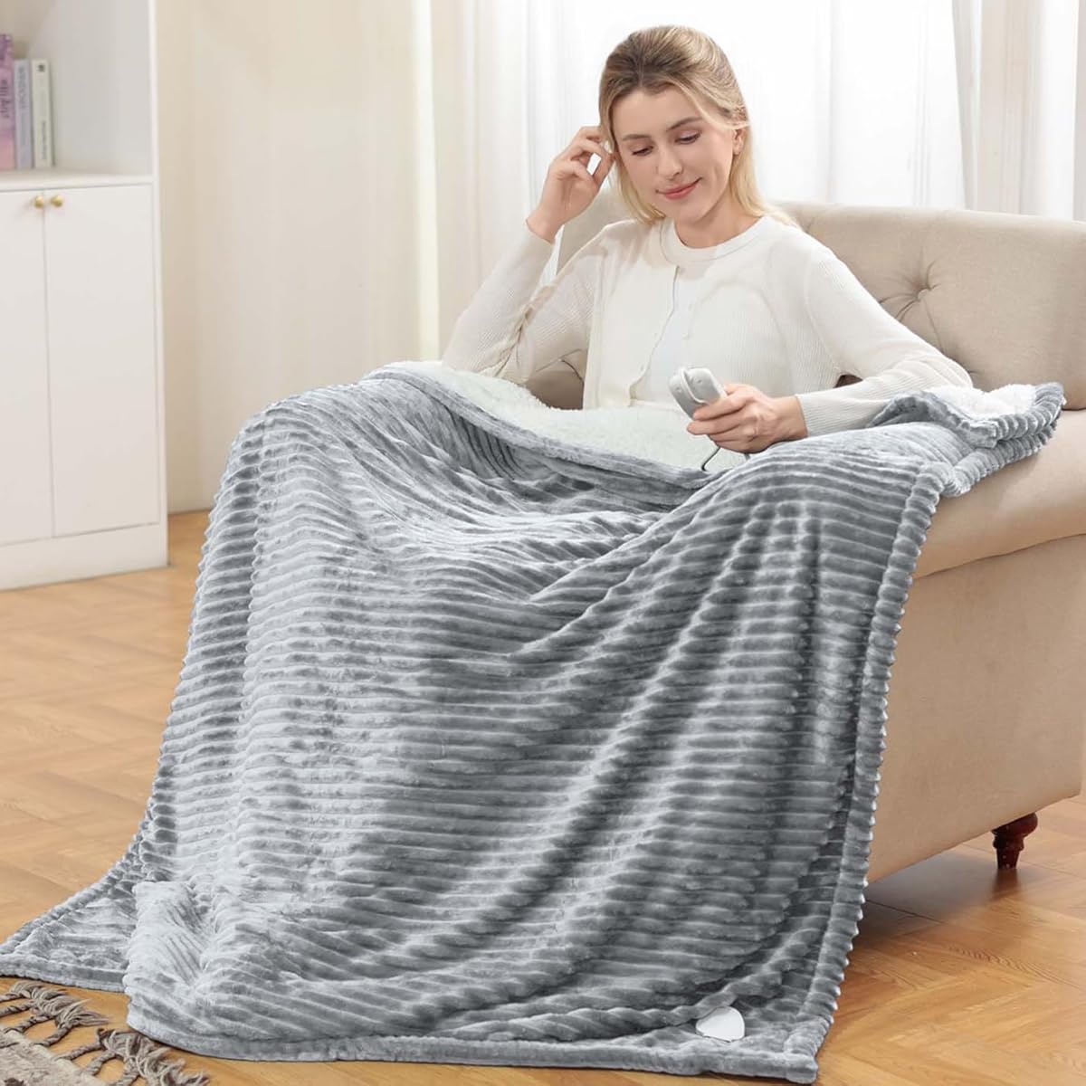Heated Blanket Electric Throw - Soft Flannel Electric Blanket 50" x 60", Heating Blanket with 10 Time Settings, 6 Heat Settings, Machine Washable with Over-Heat Protection (Gray)