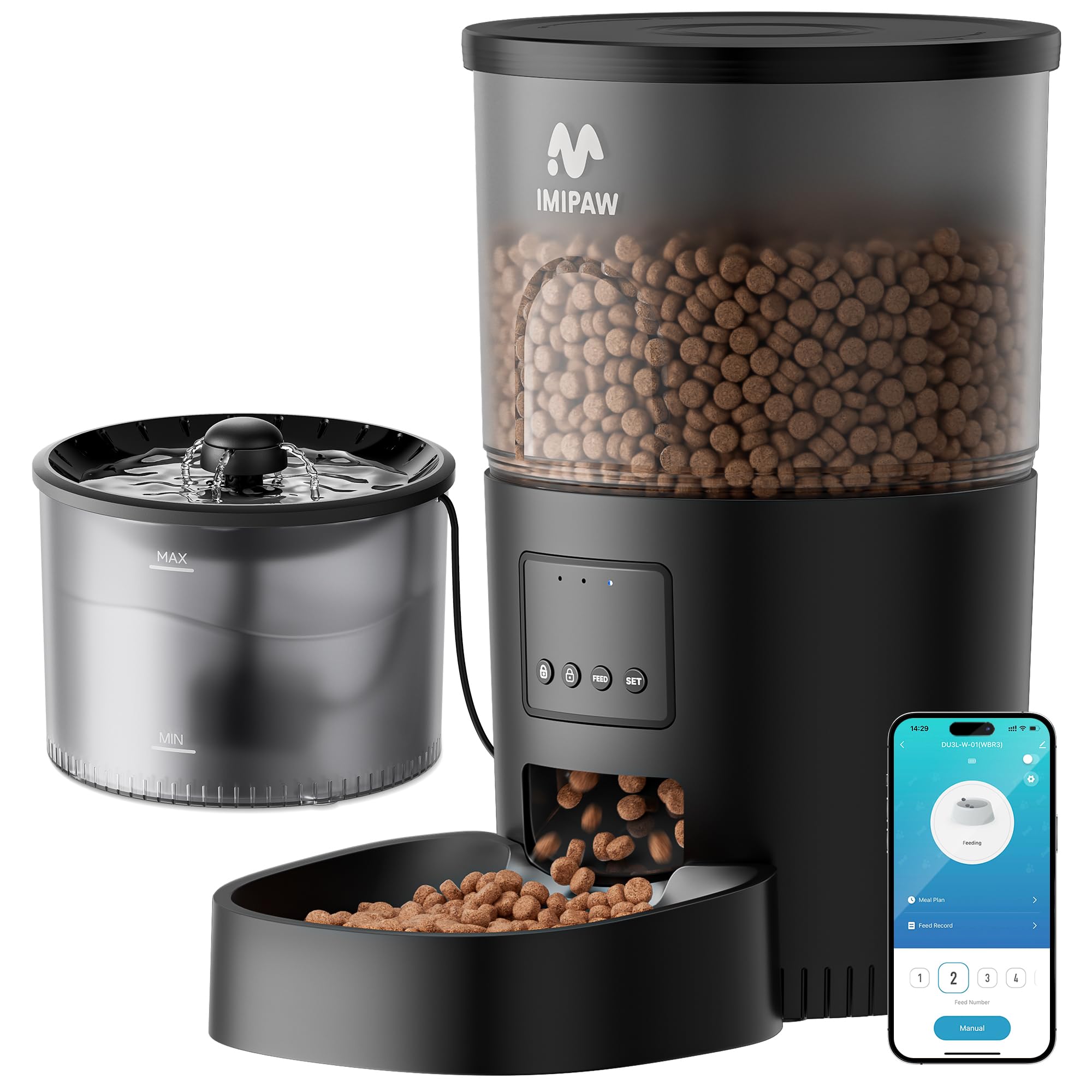 IMIPAW Automatic Cat Feeder 5G WiFi and Water Dispenser, Timed Dry Food Dispenser APP Remote Control, Programmable Portions, with Desiccant, Cat Fountains for Drinking with Filter, Small Pets (Combo)