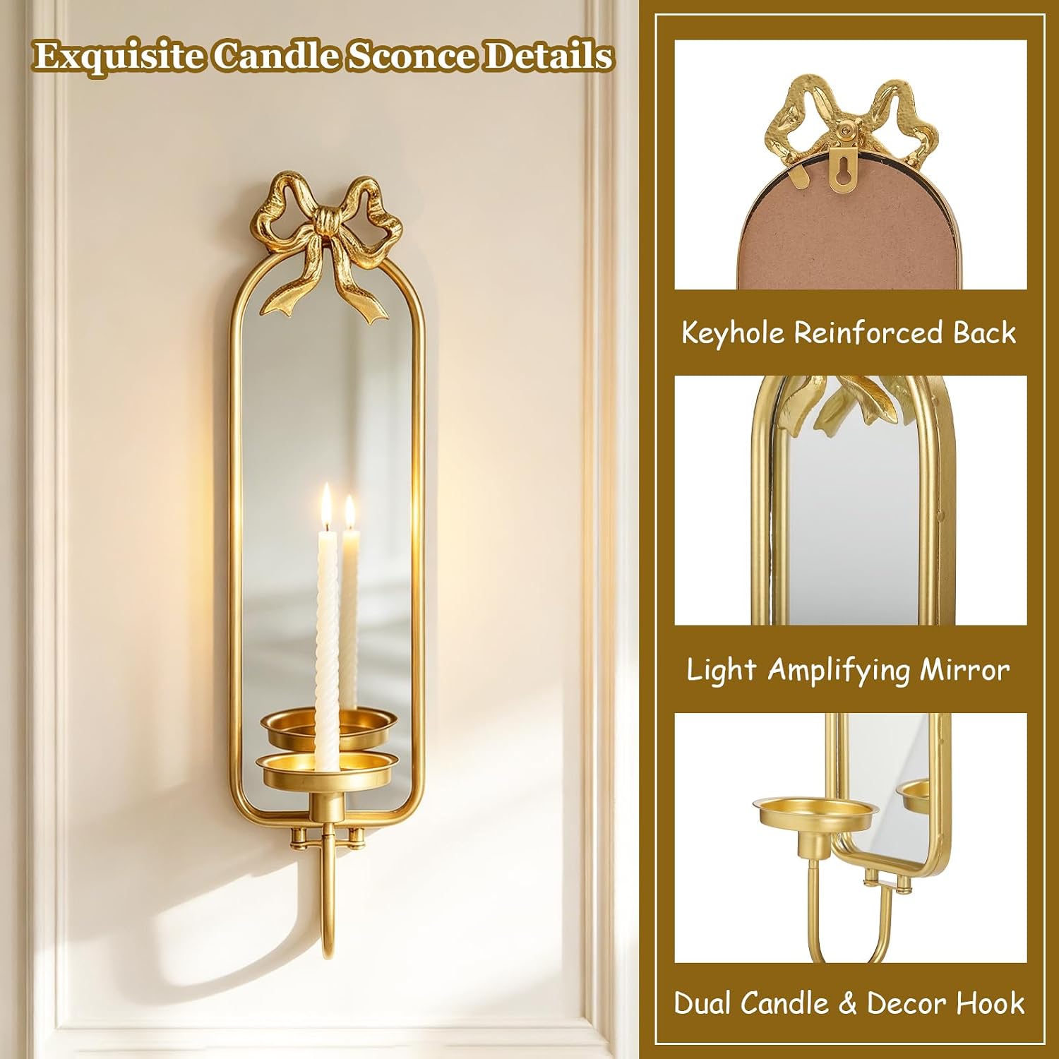 Gold Bow Wall Candle Sconces Set of 2 with Mirror, Metal Wall Candle Holder