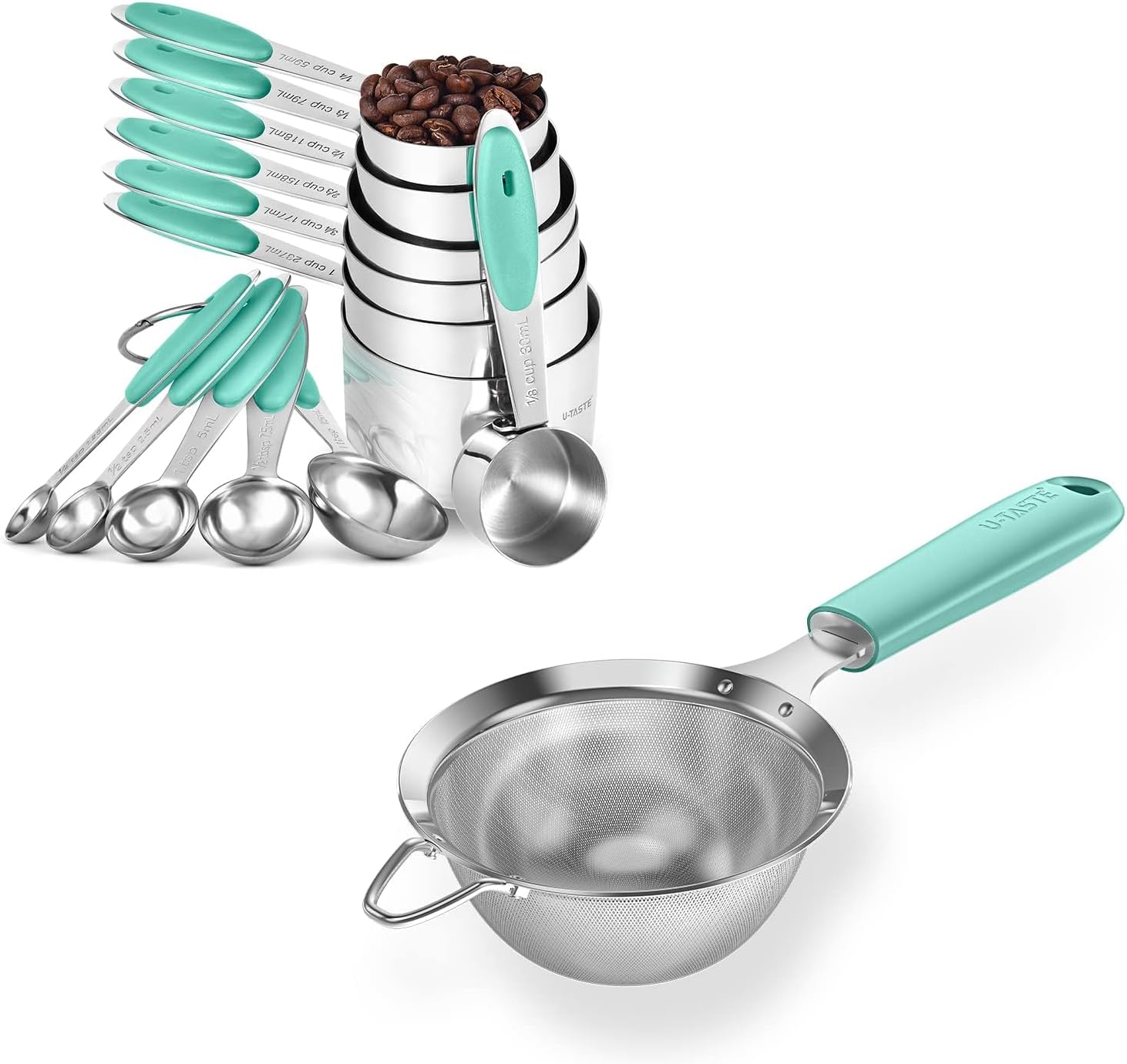 U-Taste 12 Piece Measuring Cups and Spoons Set in 18/8 Stainless Steel, and 18/8 Stainless Steel 3.9 inch 30 Mesh Strainer (Aqua Sky)