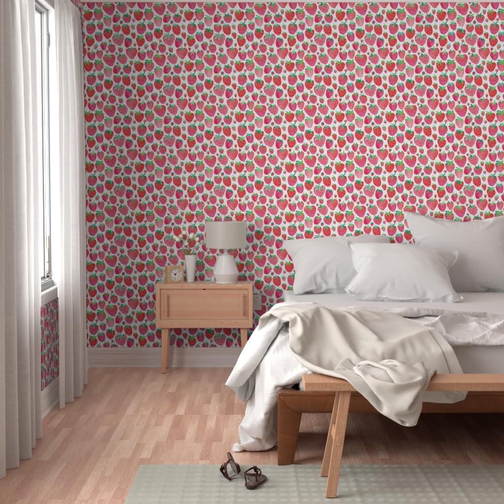 Peel & Stick Wallpaper 3ft x 2ft - Watercolor Strawberries Strawberry Fruit Summer Custom Removable Wallpaper by Spoonflower