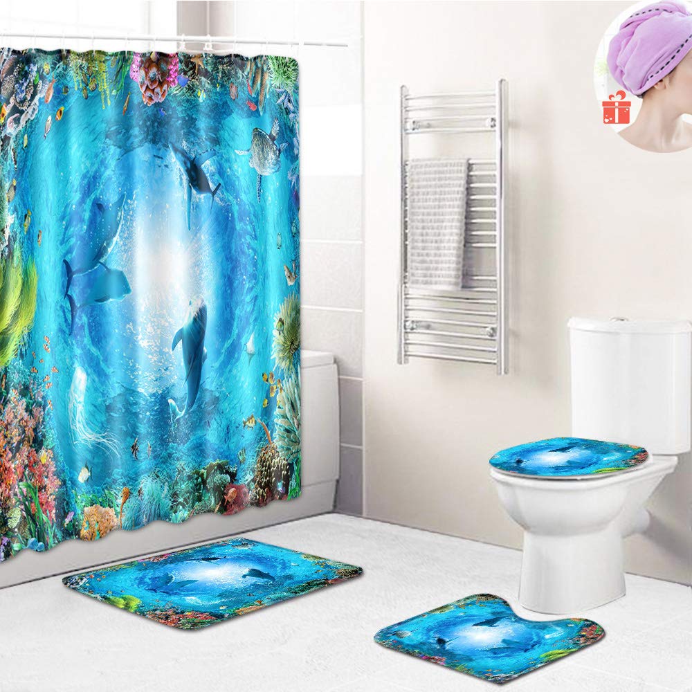 3D-Duschvorhang-Set Mit Delfin-Motiv – Wasserdicht, Inkl. Badematte & WC-Sitzbezug