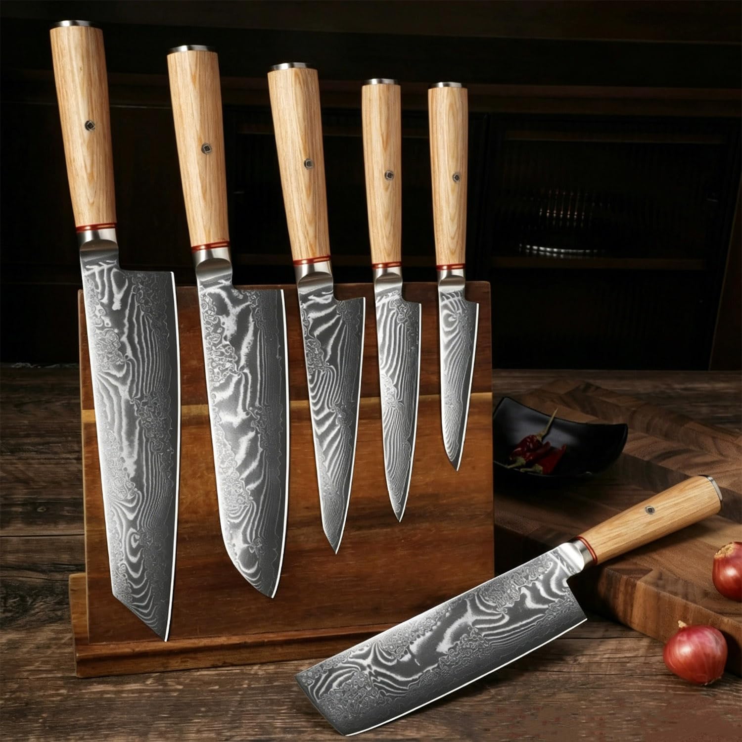 67-Layer Damascus Steel Chef Knife, VG10 Steel Core Kitchen Knife, Blackened Forged Pattern Blade with Brazilian Walnut Wood Handle, Ultra Sharp Premium Kitchen Cutlery for Home Cooking brown